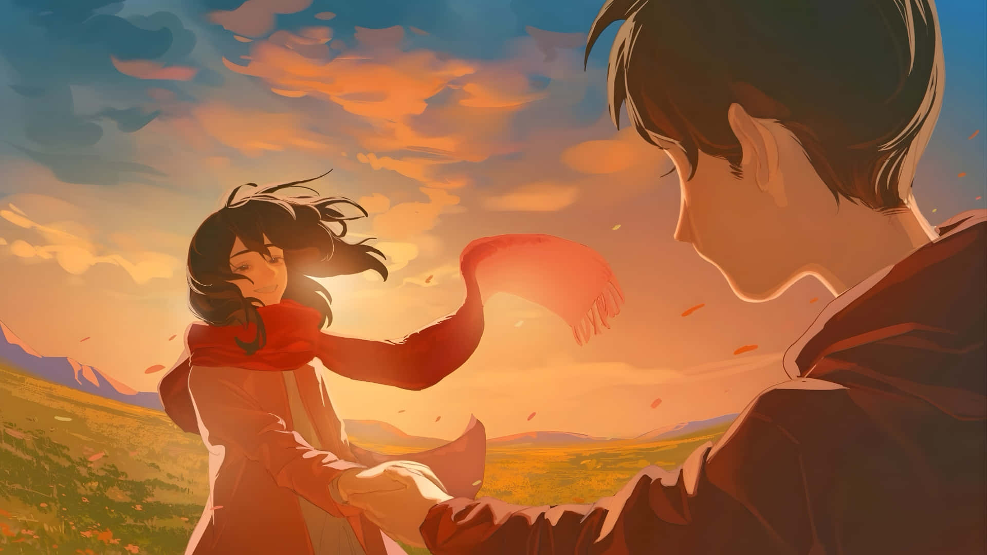 Lofi Love, sunset moments, red scarf, Full HD Desktop Wallpaper