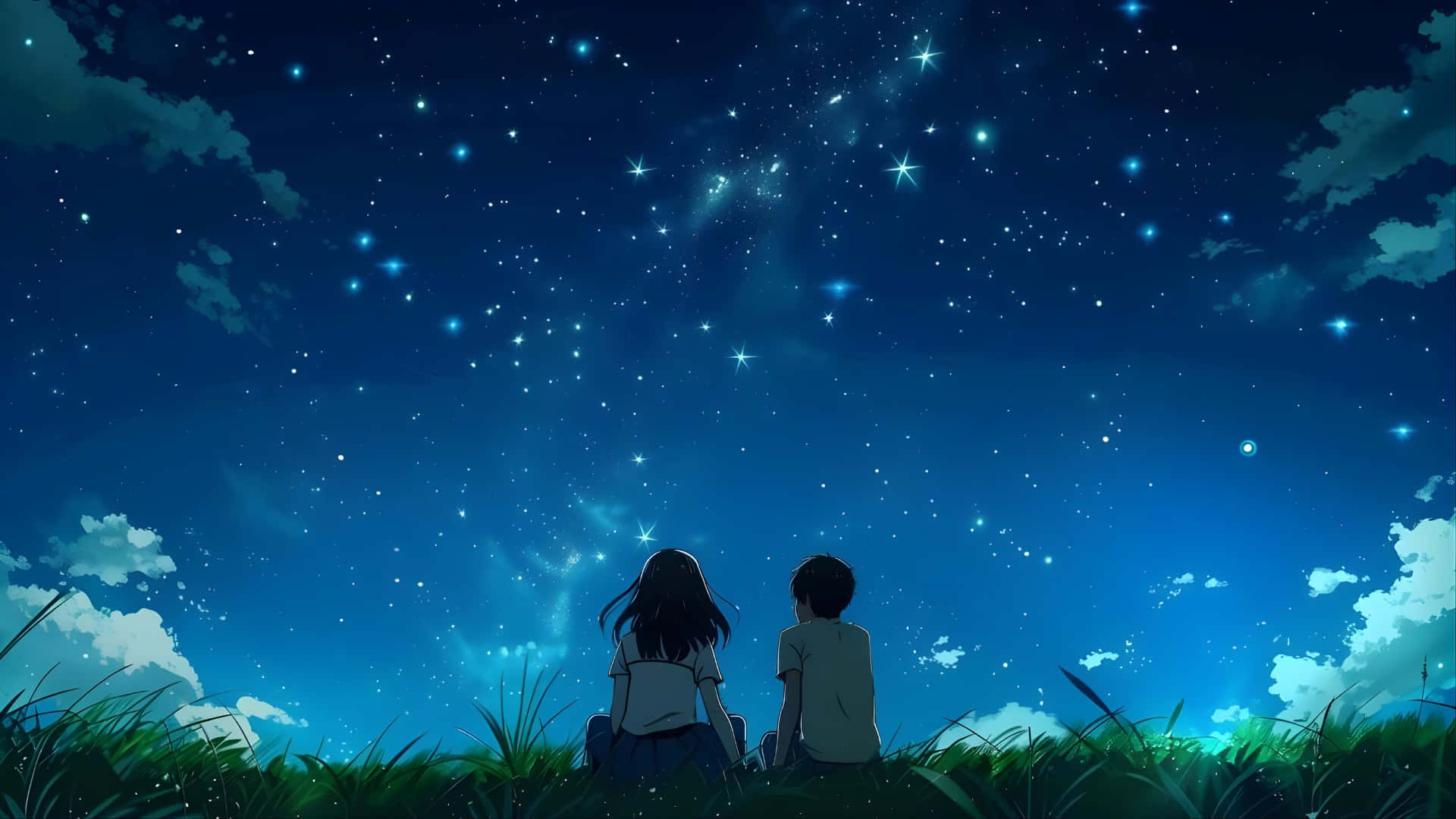 Lofi Love, starry skies, anime-style children, Full HD Desktop Wallpaper