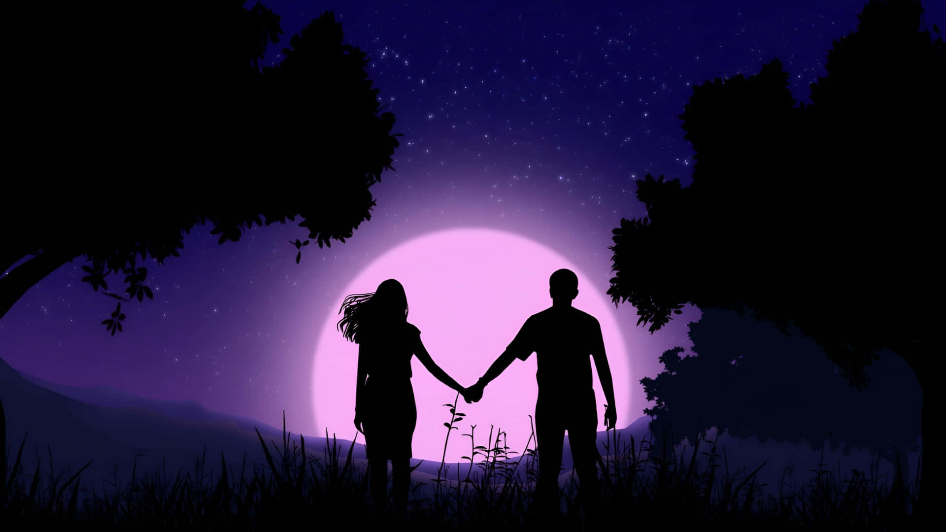 Lofi Love, night vibes, glowing purple moon, Full HD Desktop Wallpaper