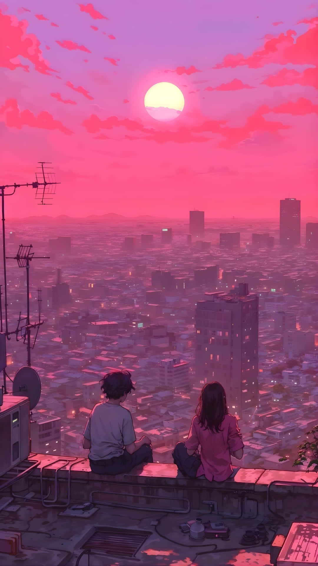 Lofi Sunset Cityscape, rooftop, sprawling city, Full HD Phone Wallpaper