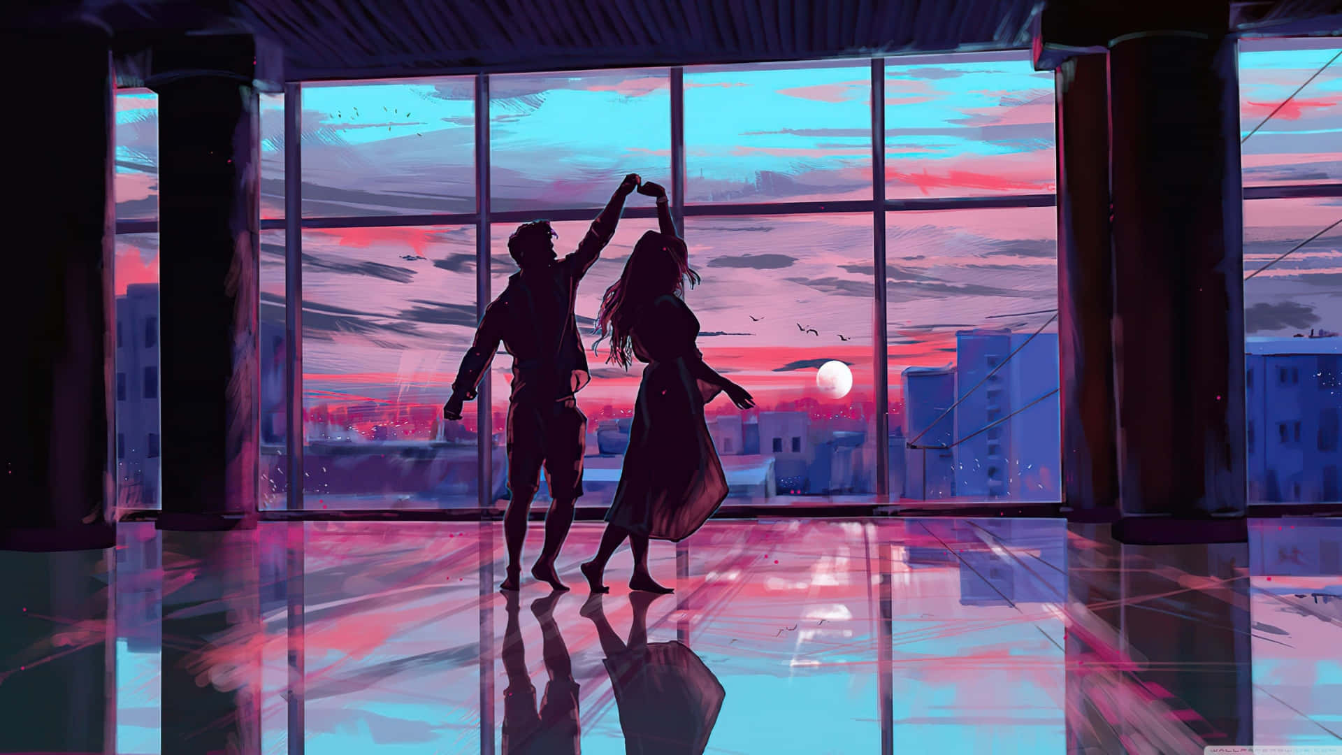 Lofi Love, sunset, dancing couple, Full HD Desktop Wallpaper