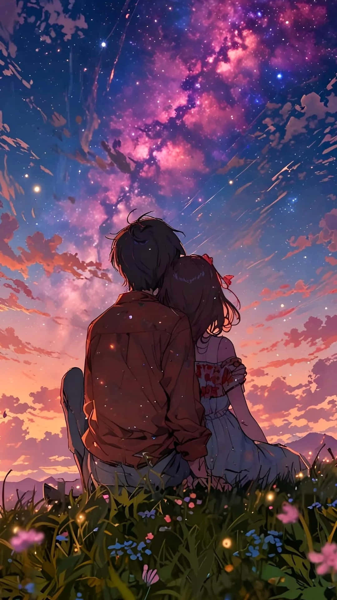 Lofi Love, starry skies, field of flowers, Full HD Phone Wallpaper