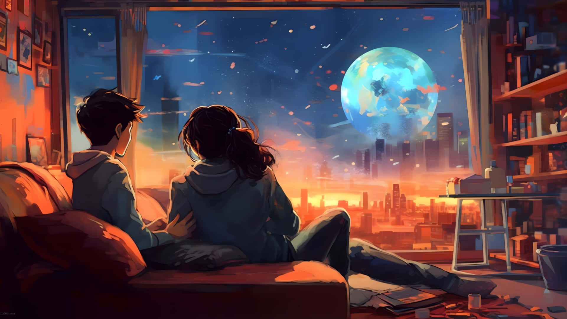 Lofi Love, glowing blue moon, fiery orange cityscape, Full HD Desktop Wallpaper