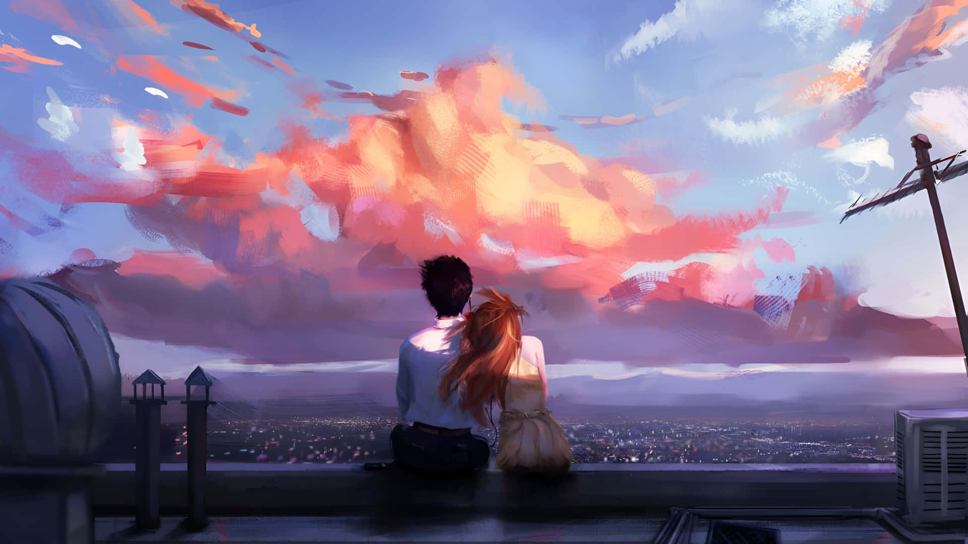 Lofi Love, sunset, rooftop ledge, Full HD Desktop Wallpaper