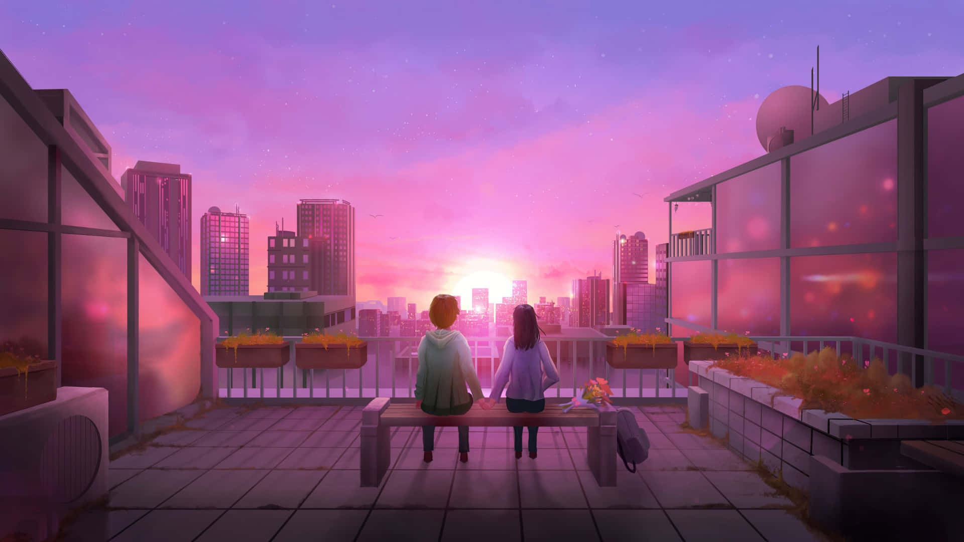 Lofi Love, sunset, rooftop bench, Full HD Desktop Wallpaper