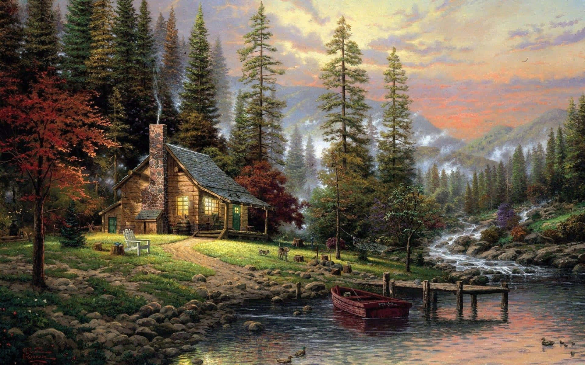 log cabin, autumn woods, river, Full HD Desktop Wallpaper
