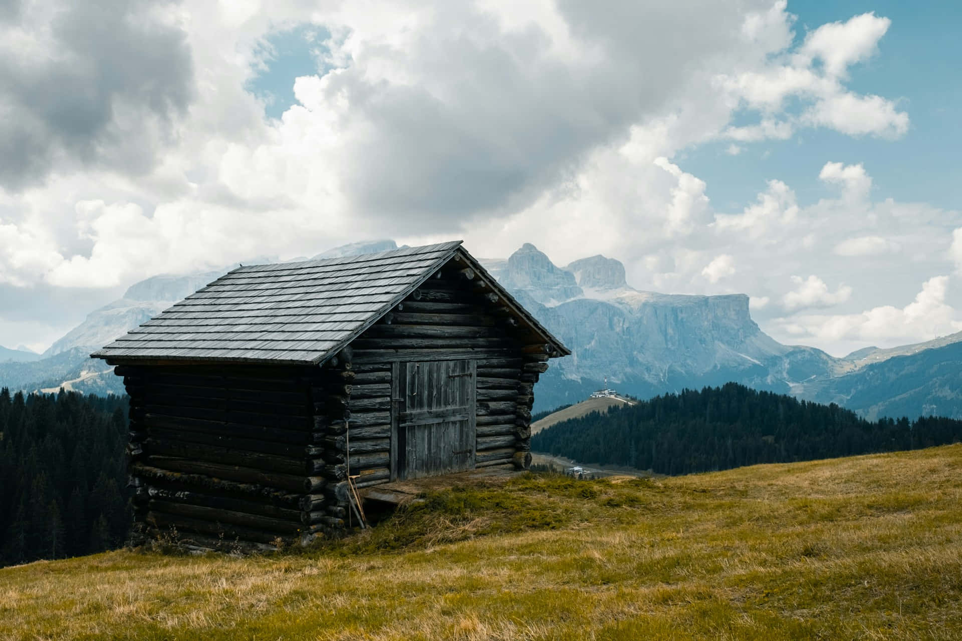 Mountain View Log Cabin, weathered wooden cabin, grassy hillside, Full HD Desktop Wallpaper