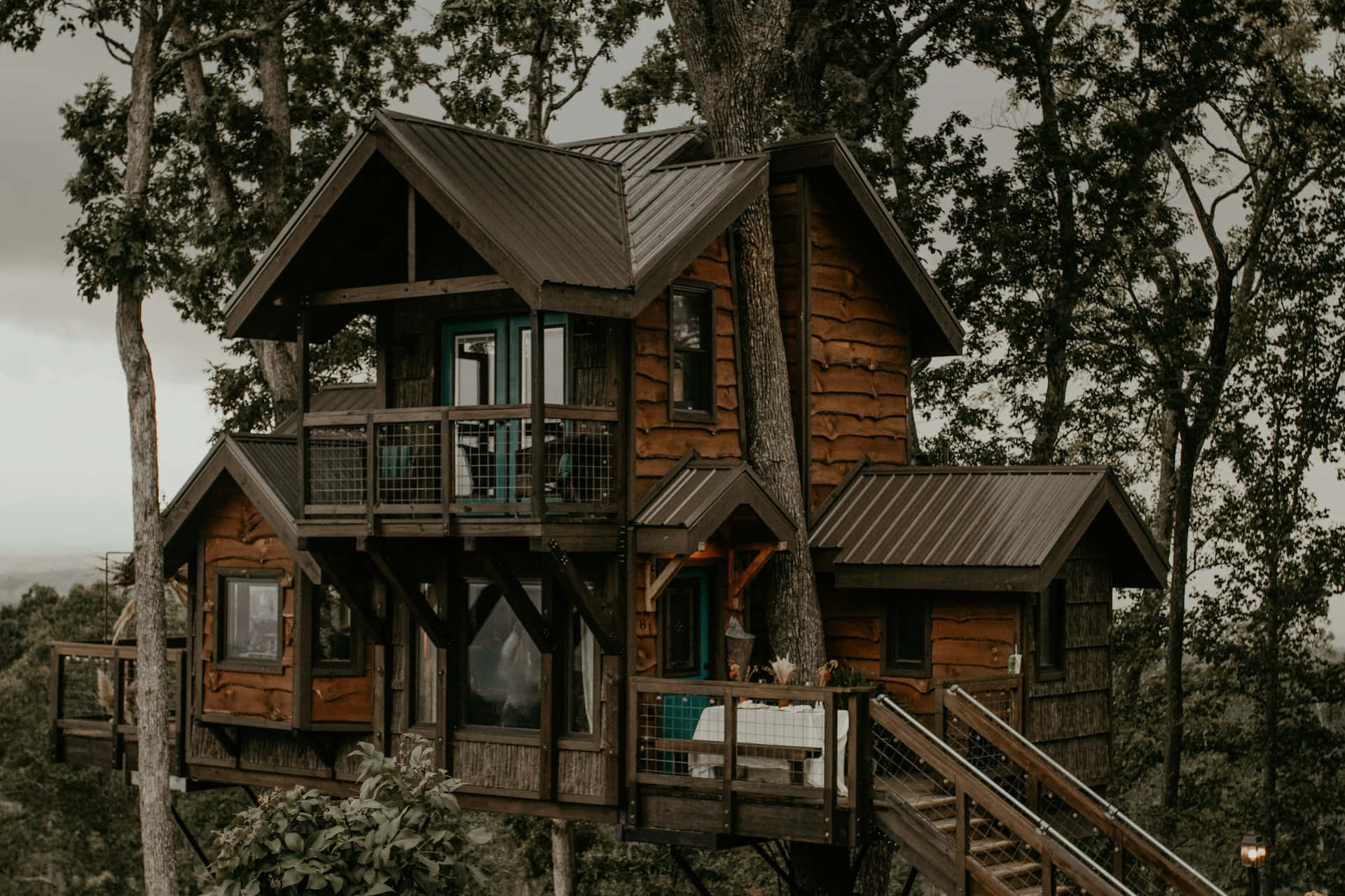 rustic treehouse, log cabin, multiple levels, Full HD Desktop Wallpaper