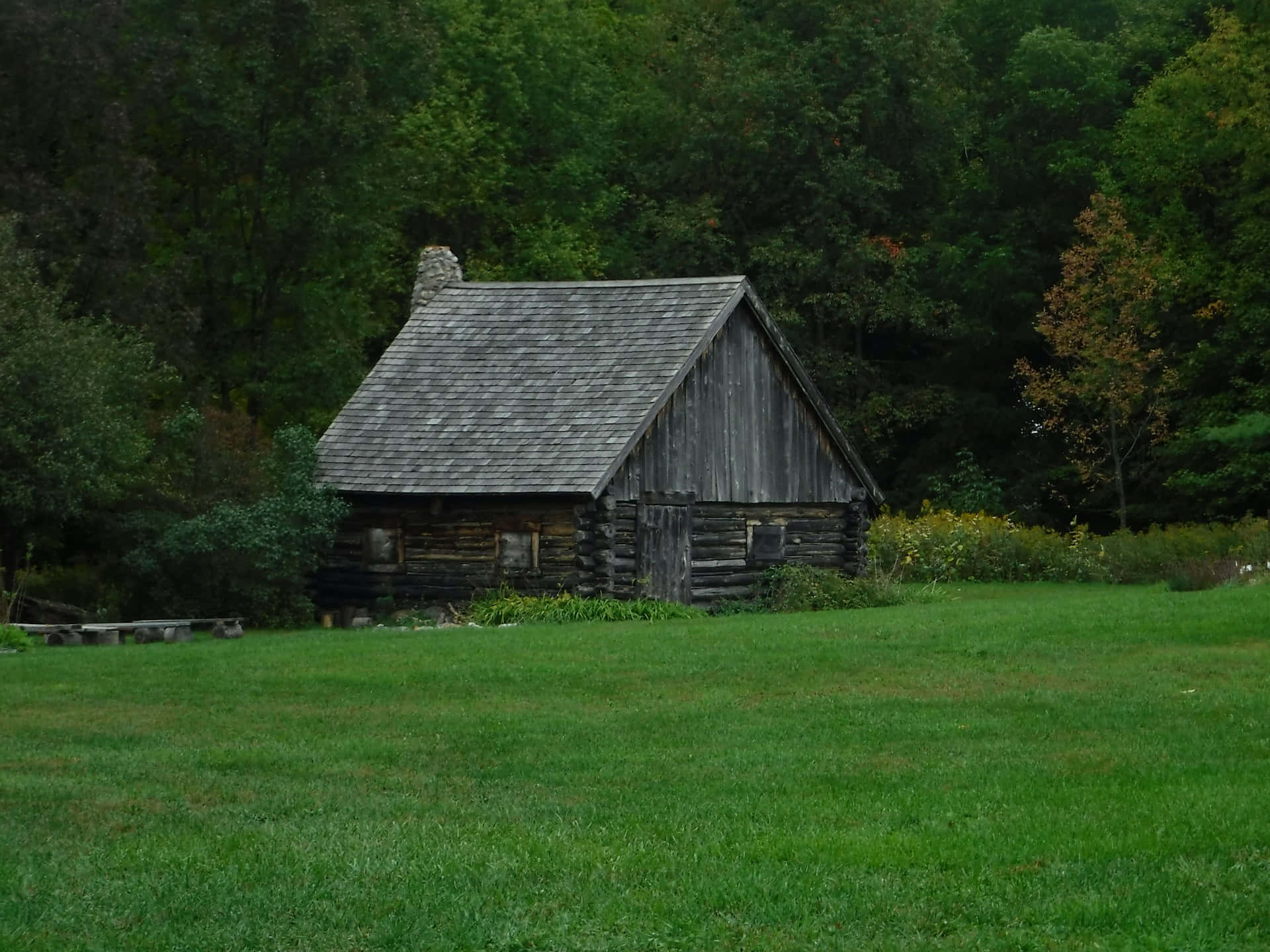 rustic log cabin, stone chimney, lush green field, Full HD Desktop Wallpaper