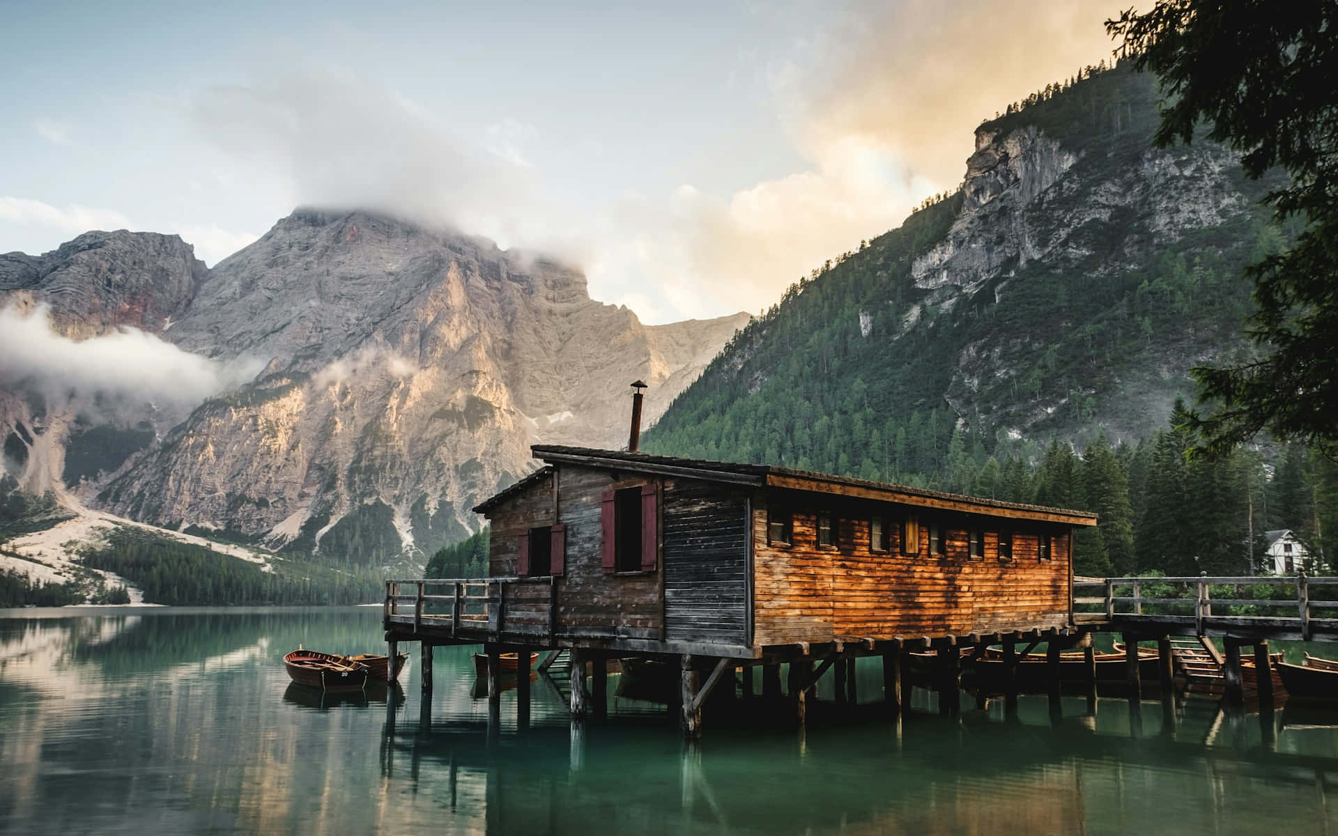 Mountain Lake Cabin, turquoise lake, towering misty mountains, Full HD Desktop Wallpaper