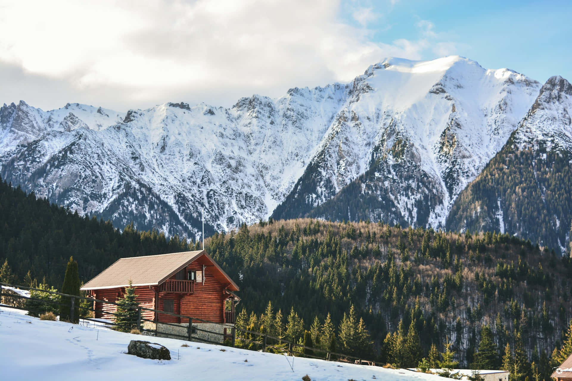 mountain log cabin, winter scene, snow-covered mountains, Full HD Desktop Wallpaper