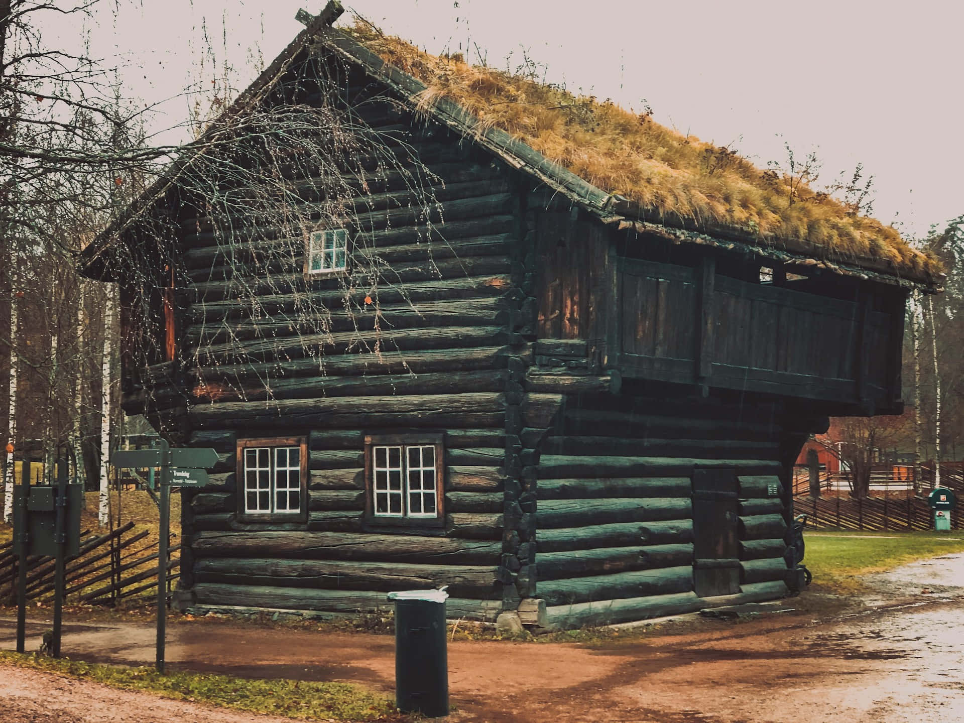 traditional log cabin, grass roof, forest clearing, Full HD Desktop Wallpaper