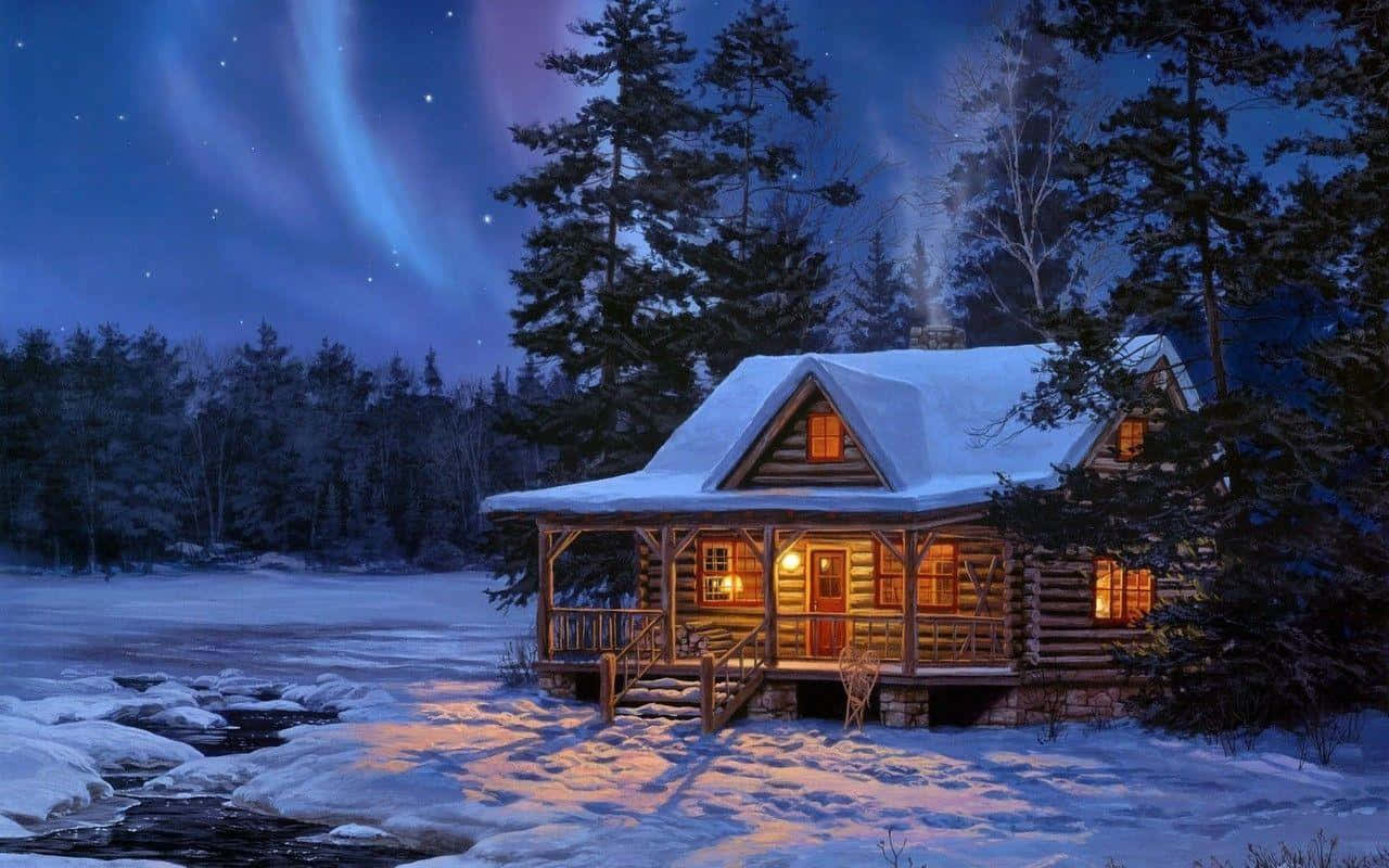 Winter Night Log Cabin, aurora sky, snow-covered log cabin, HD Desktop Wallpaper