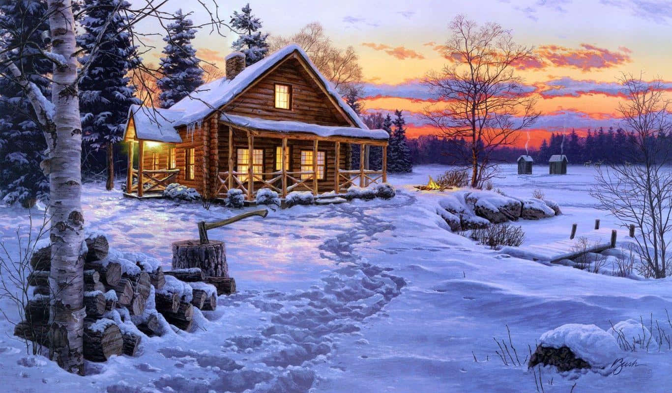 winter sunset, log cabin, snowscape, HD Desktop Wallpaper