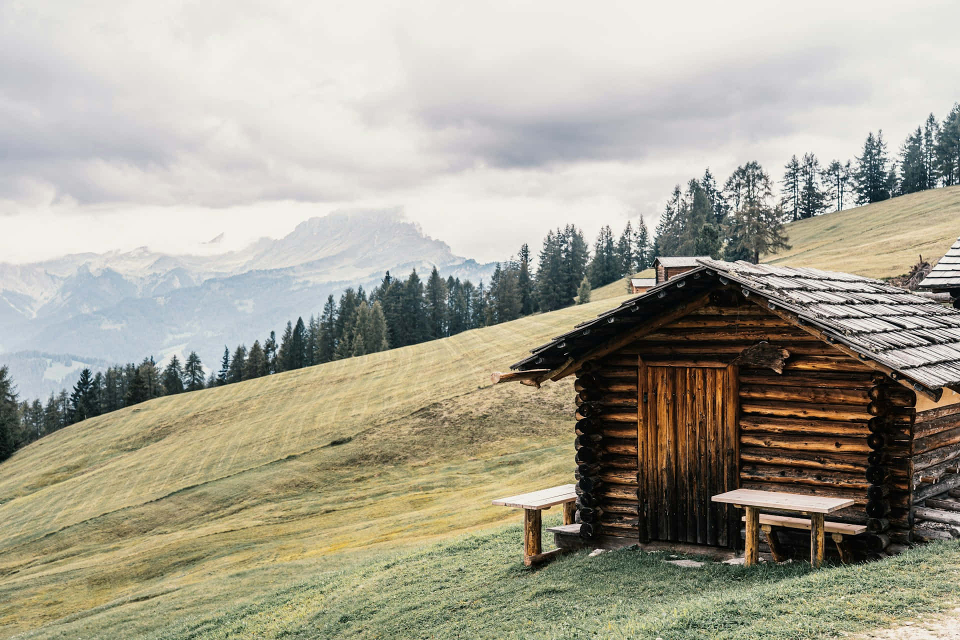rustic mountain log cabin, wooden cabin, benches, Full HD Desktop Wallpaper