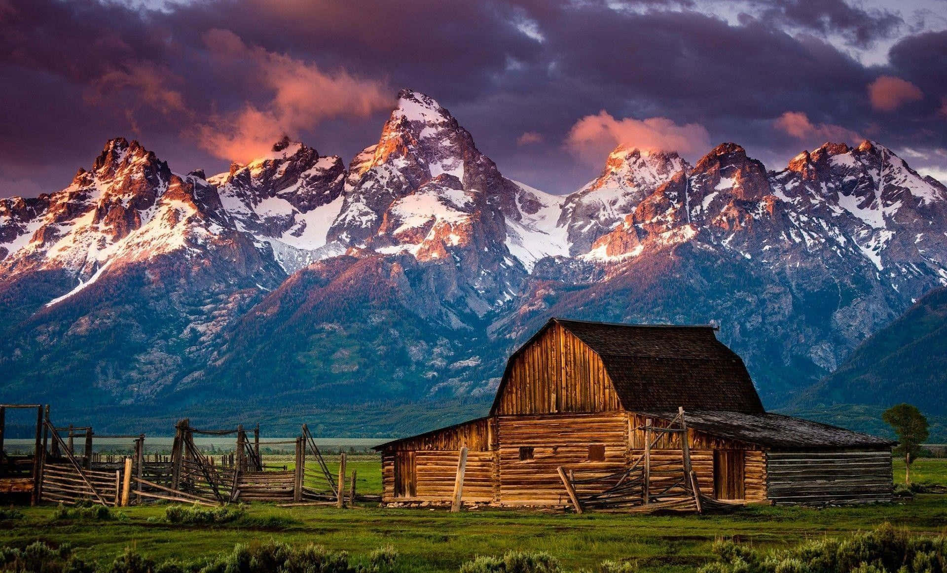 rustic cabin, mountain, snow-capped mountains, Full HD Desktop Wallpaper