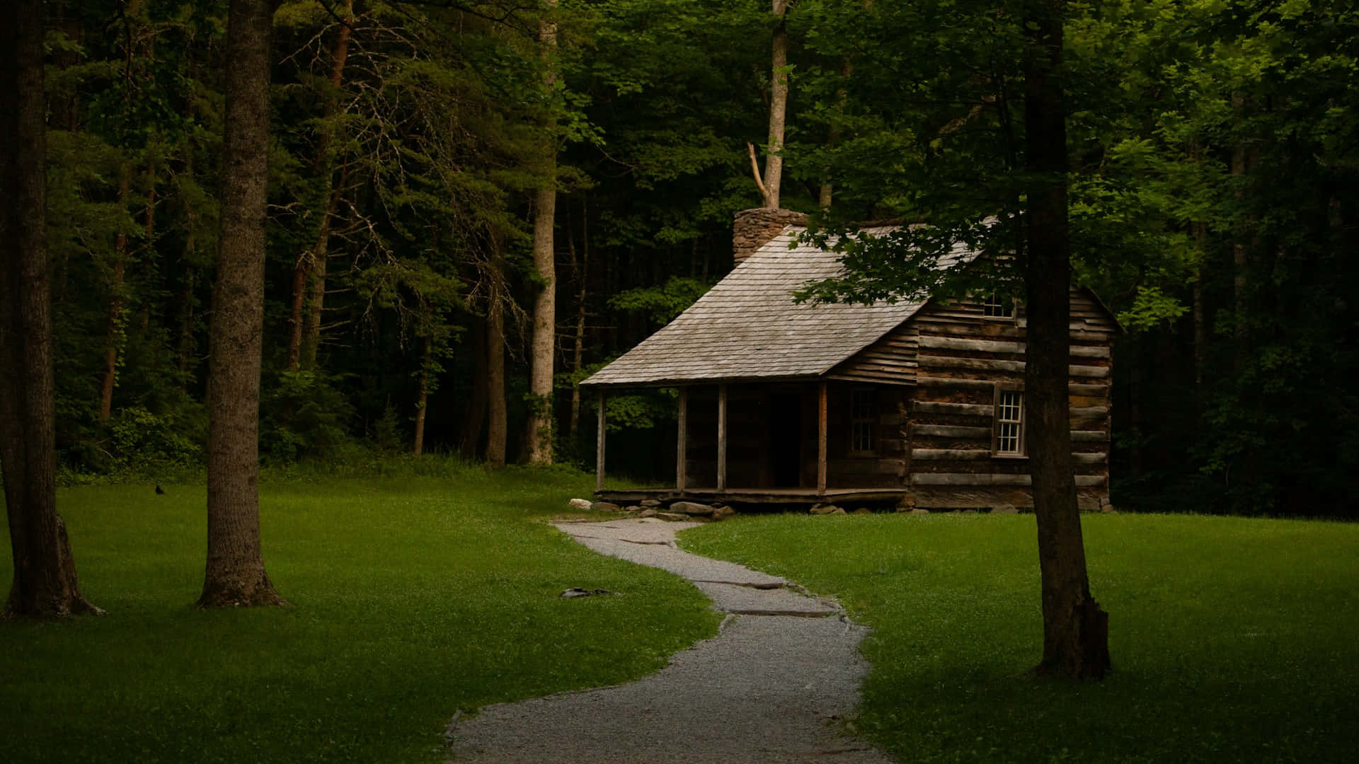 rustic log cabin, forest, stone path, Full HD Desktop Wallpaper
