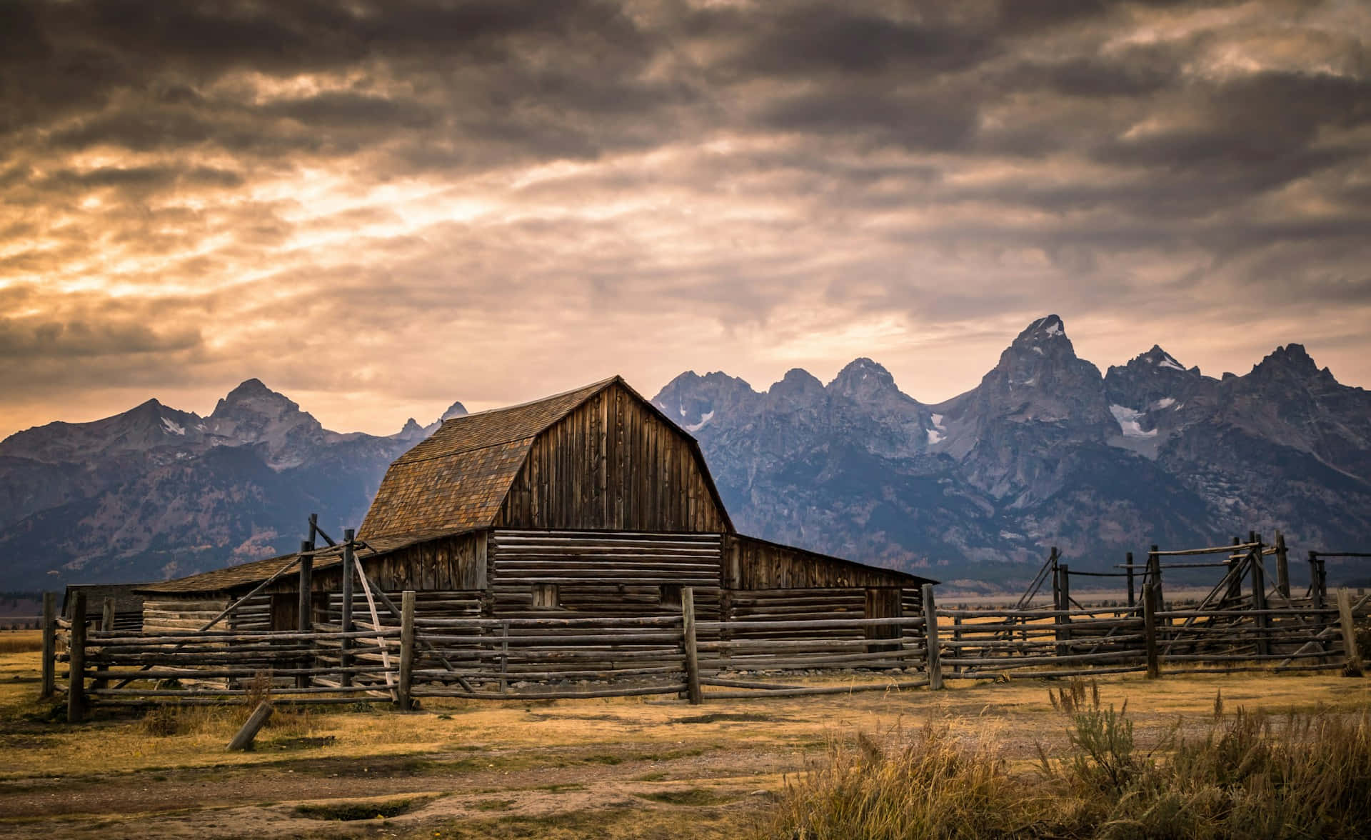 rustic cabin, mountain backdrop, weathered wooden barn, Full HD Desktop Wallpaper