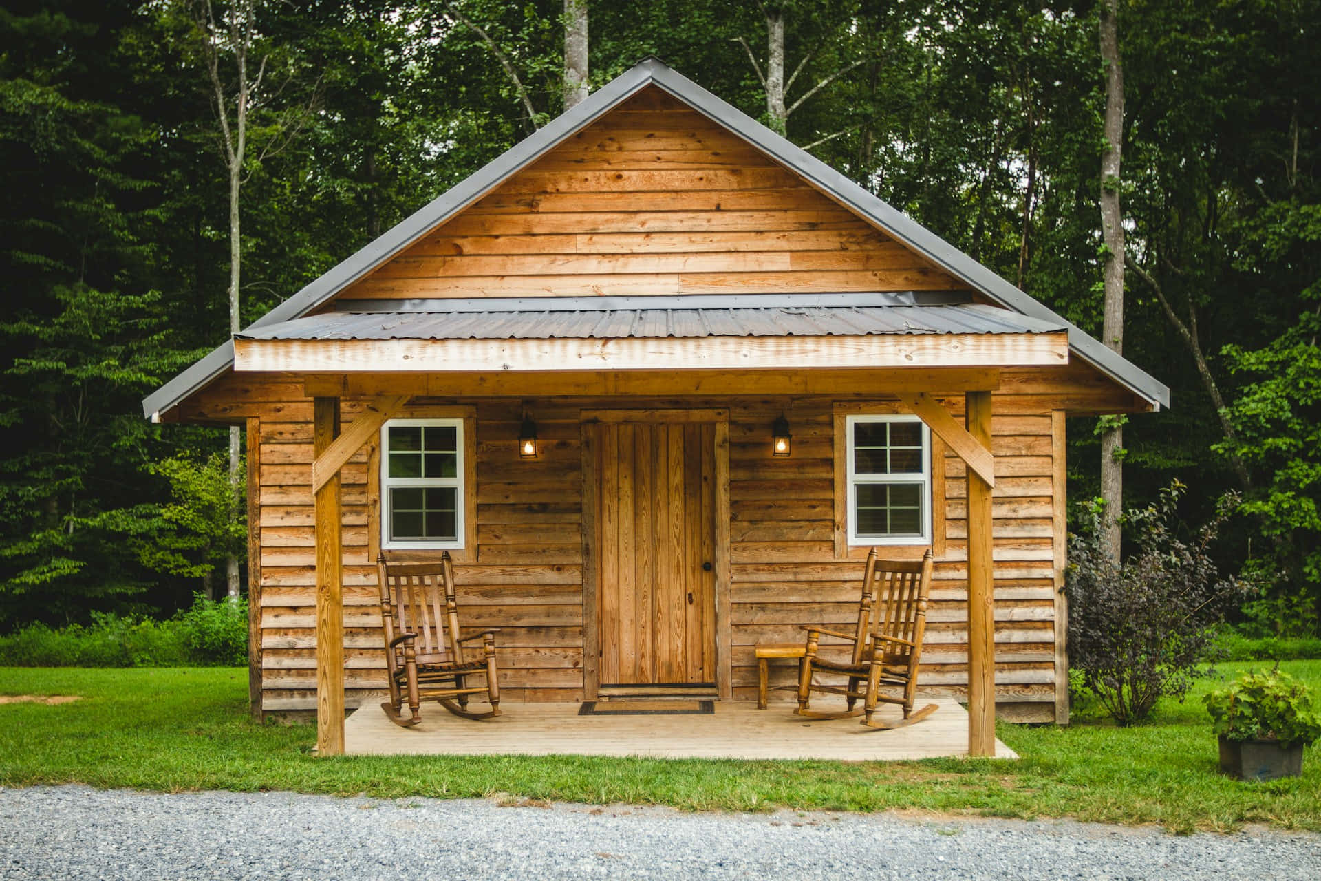 rustic log cabin, front porch, rocking chairs, Full HD Desktop Wallpaper