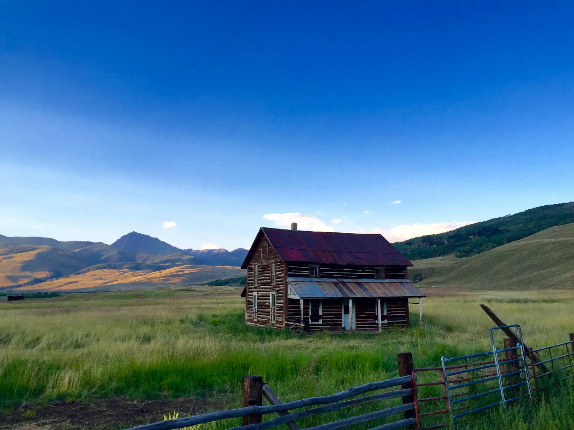 rustic log cabin, mountain valley, weathered wooden cabin, Full HD Desktop Wallpaper