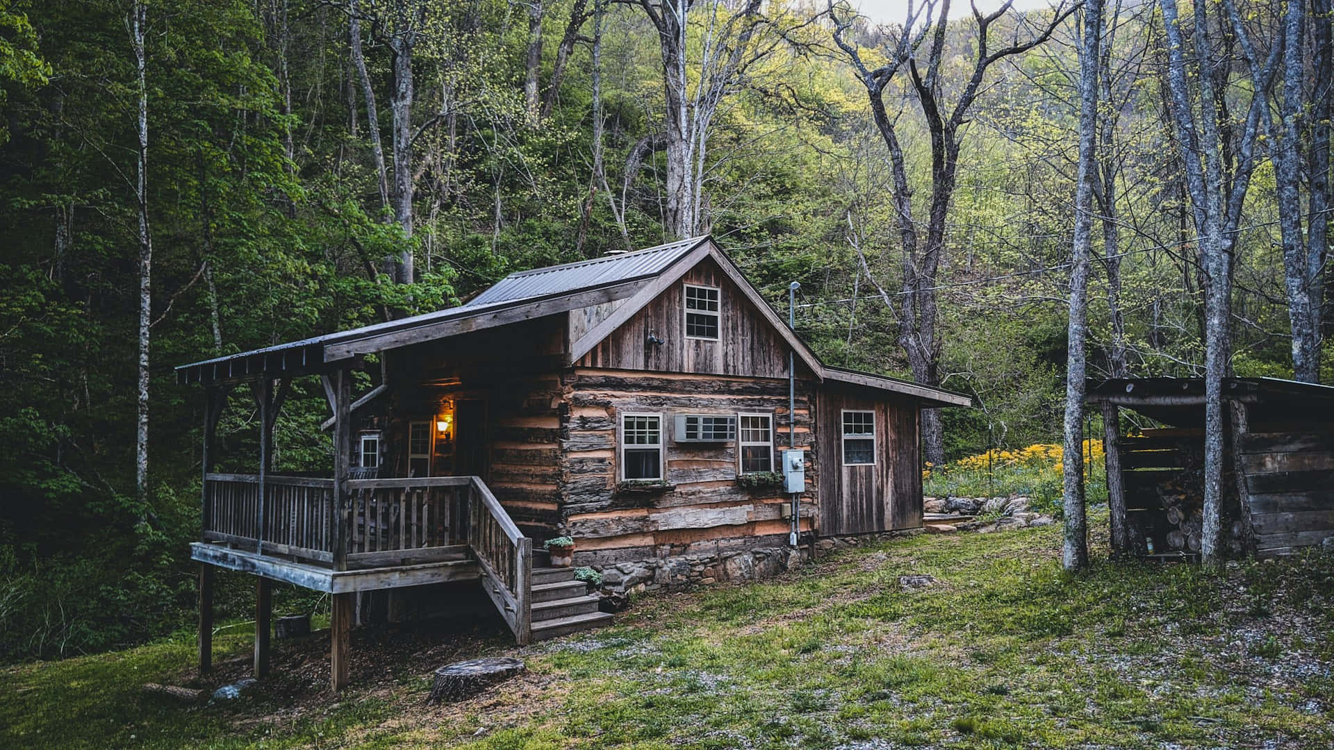 rustic wooden cabin, porch light, forest clearing, Full HD Desktop Wallpaper
