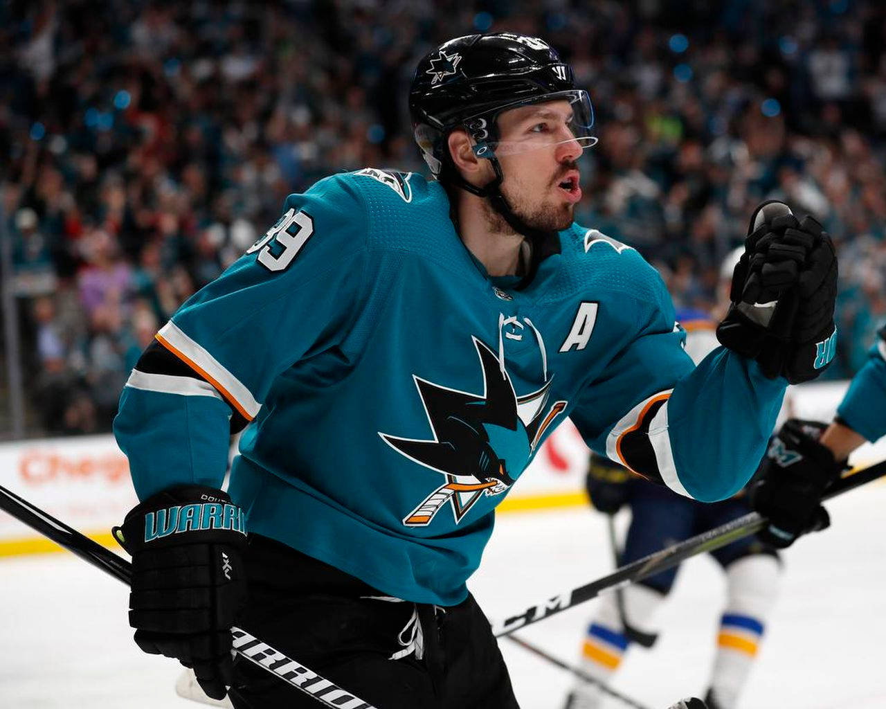 Logan Couture, teal Sharks jersey, ice rink, HD Desktop Wallpaper