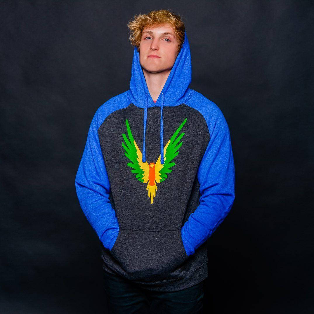 Logan Paul, blue and gray hoodie, vibrant green and yellow bird graphic, SD Desktop Wallpaper