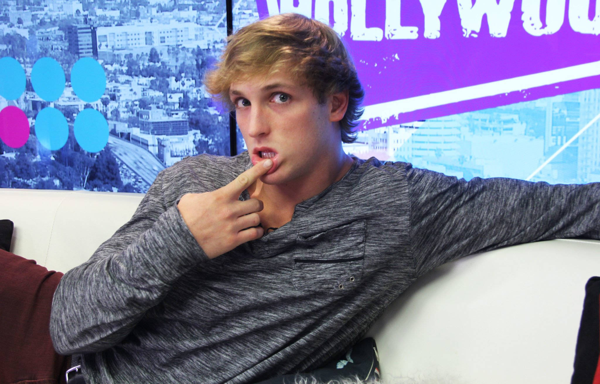 Logan Paul, blonde hair, white couch, Full HD Desktop Wallpaper