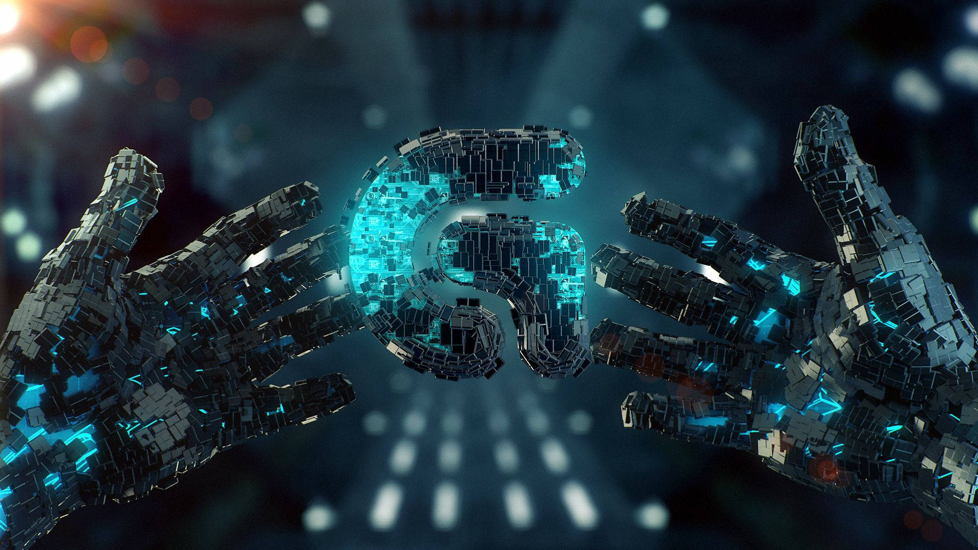 Logitech, cyber hands, glowing blue AI symbol, Full HD Desktop Wallpaper