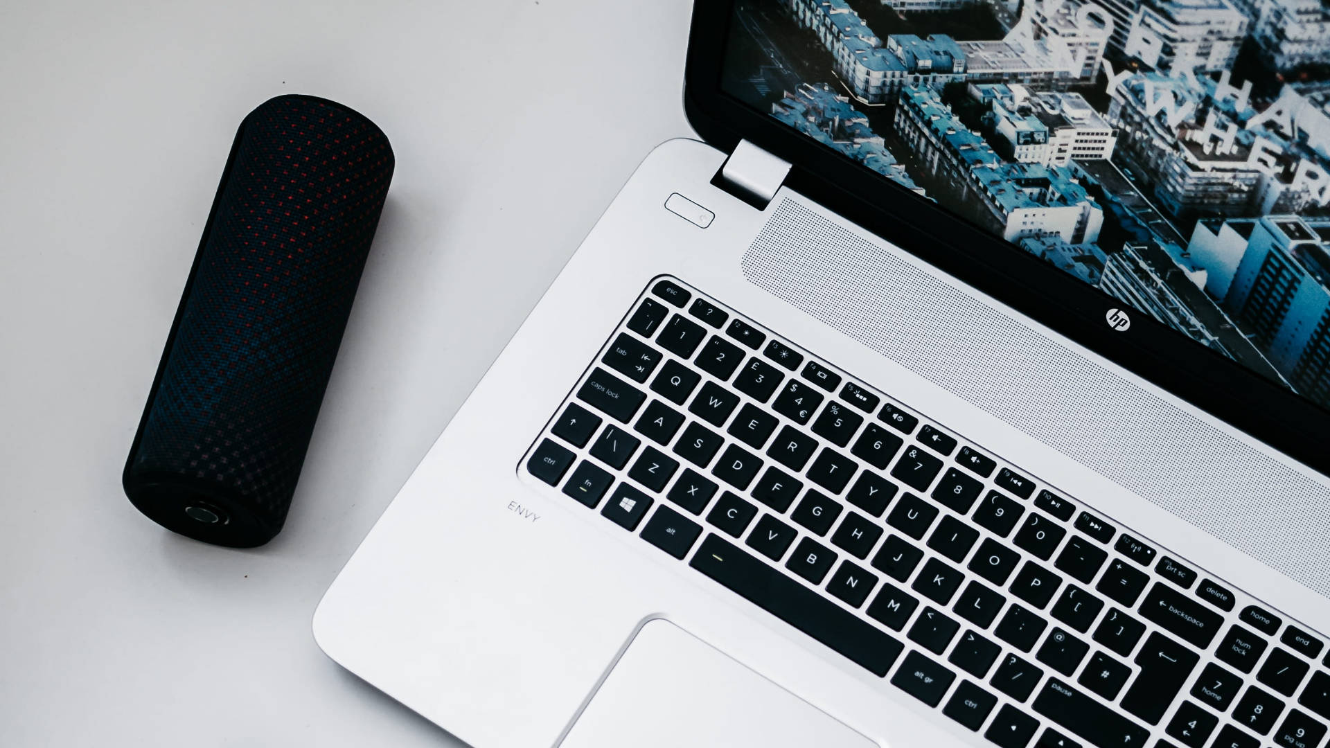 Logitech, laptop, black cylindrical speaker, Full HD Desktop Wallpaper