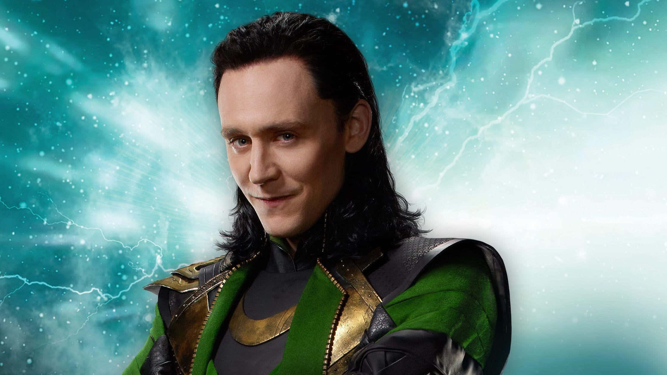 Loki, green and gold Asgardian armor, cosmic backdrop, Full HD Desktop Wallpaper