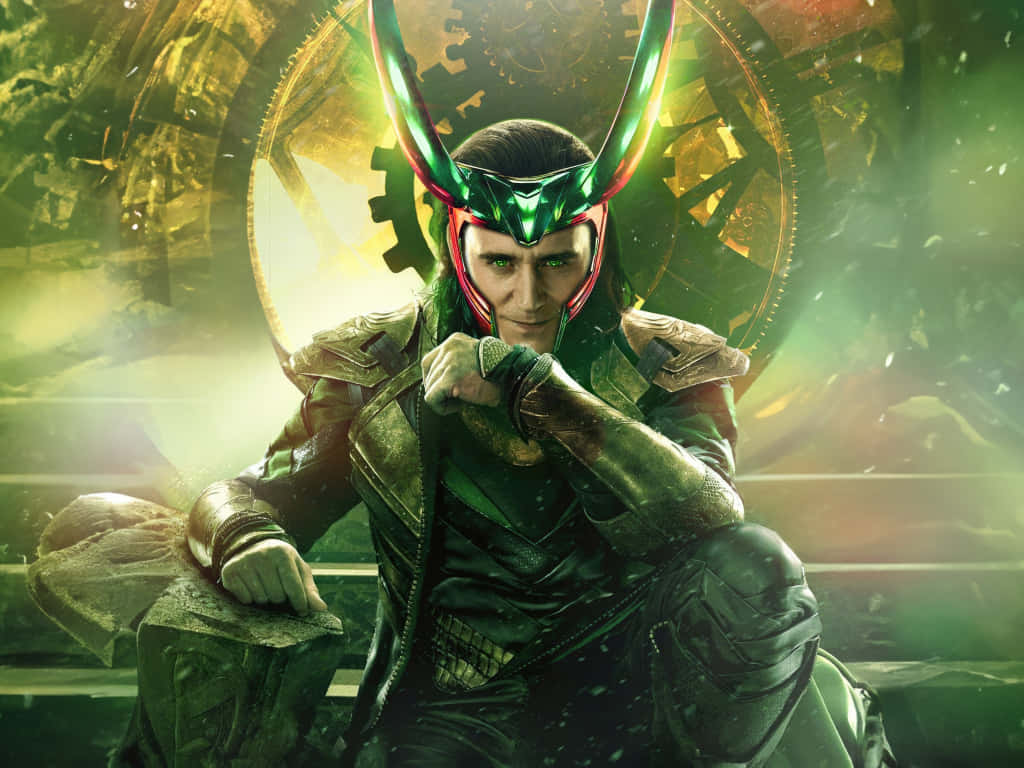 Loki, green horned helmet, glowing golden gears, SD Desktop Wallpaper