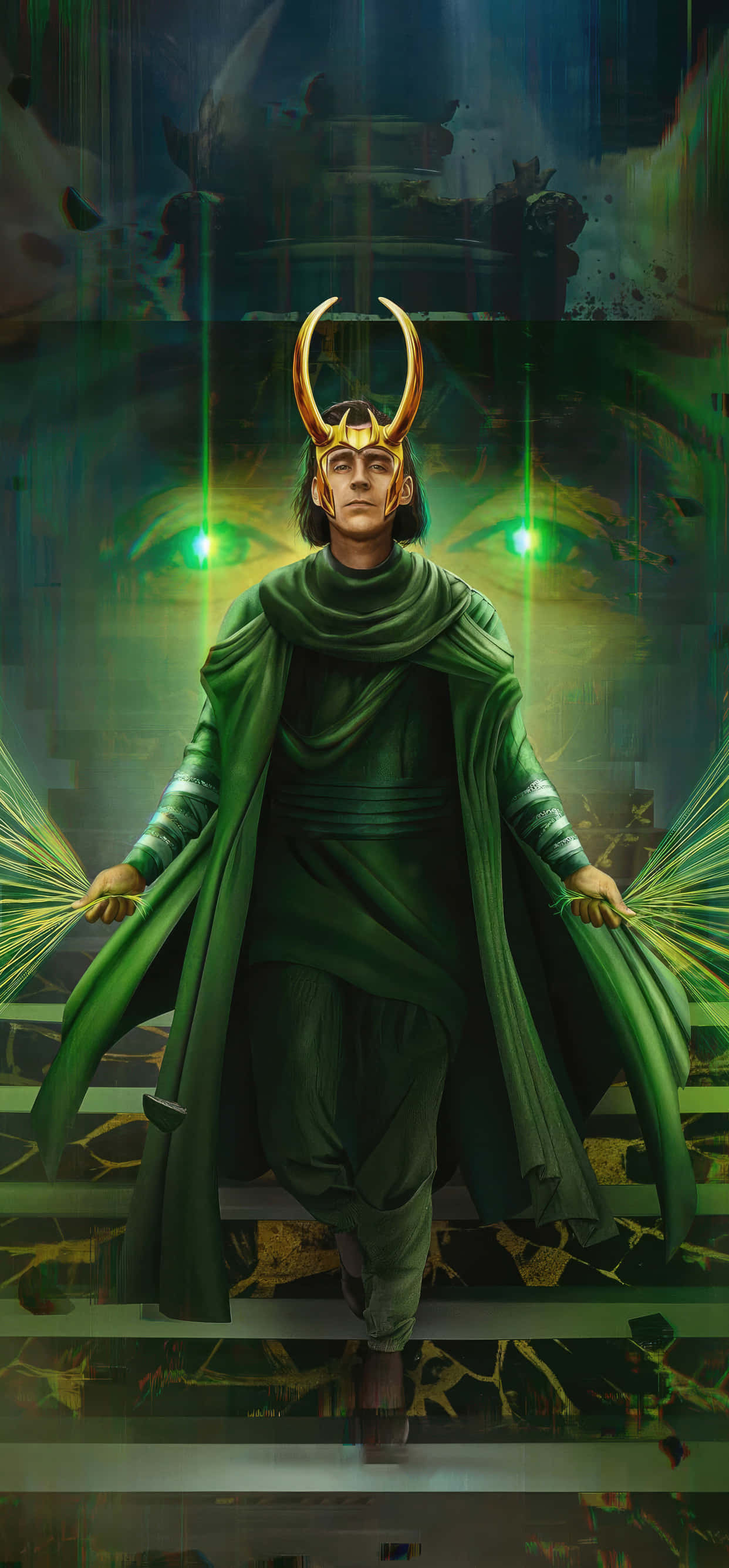 Loki, green cloak, horned helmet, 2K Phone Wallpaper