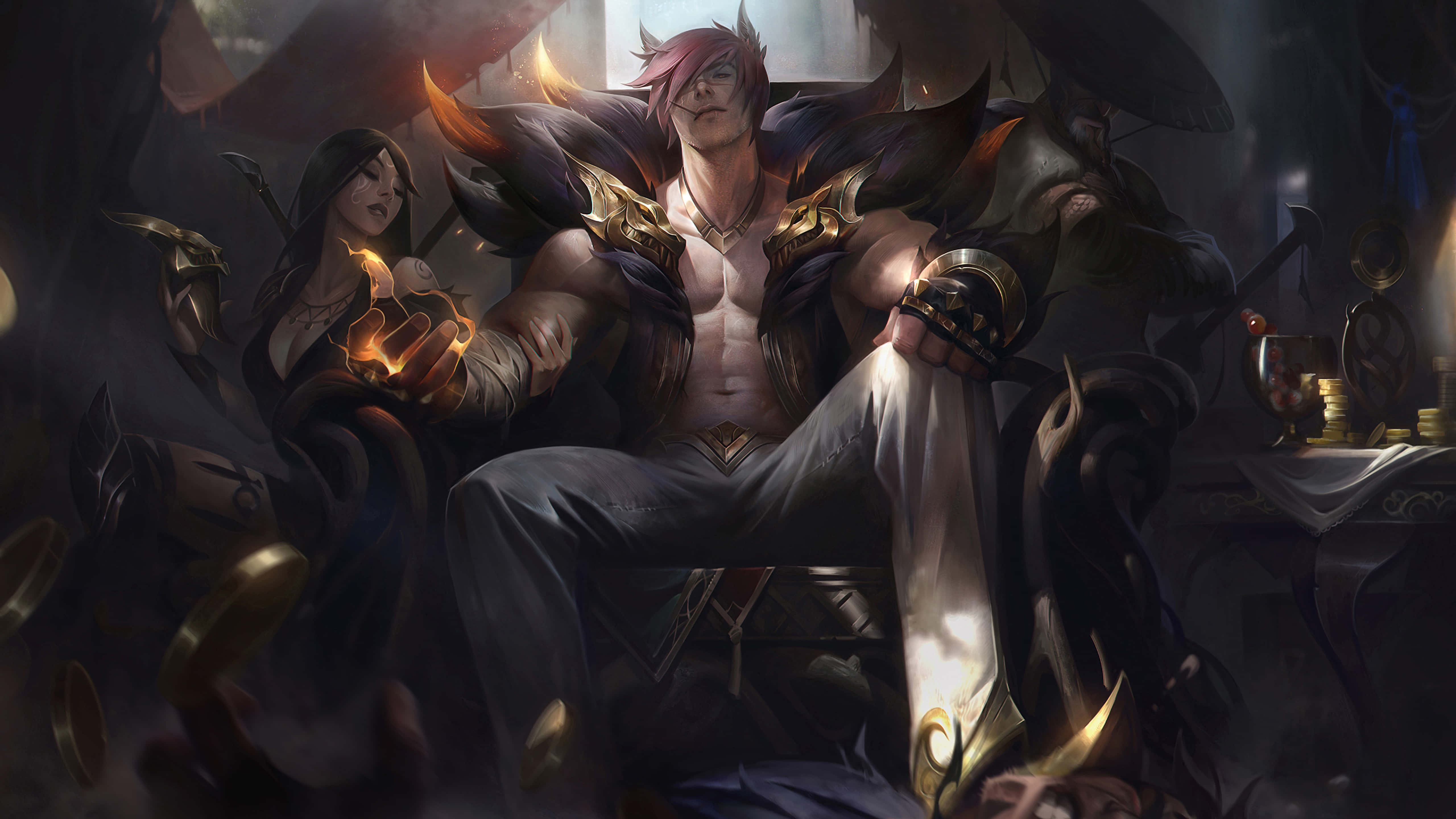 LOL 1920 X 1080 Gaming, red hair, golden armor, 5K Desktop Wallpaper