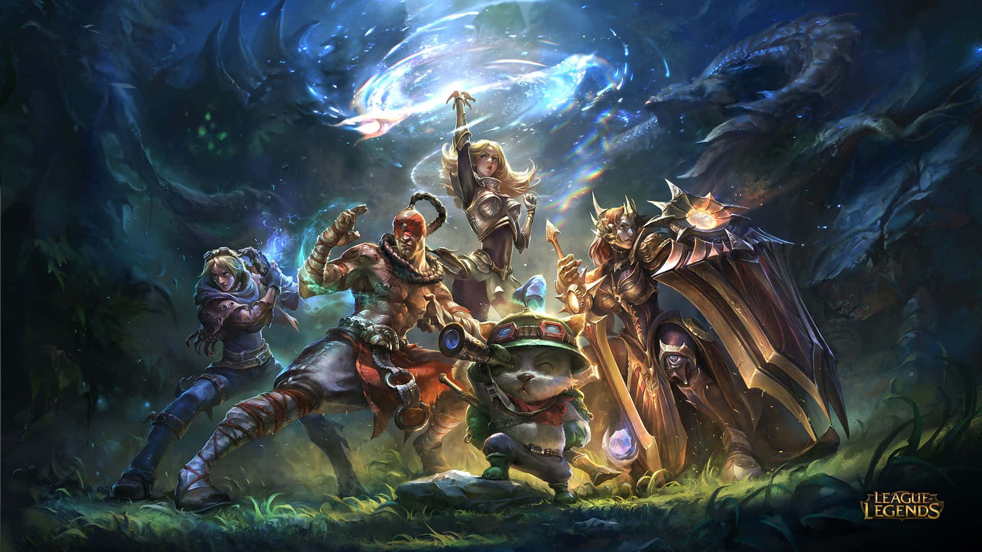 LOL 1920 X 1080 Gaming, fantasy gaming team, diverse heroes, Full HD Desktop Wallpaper