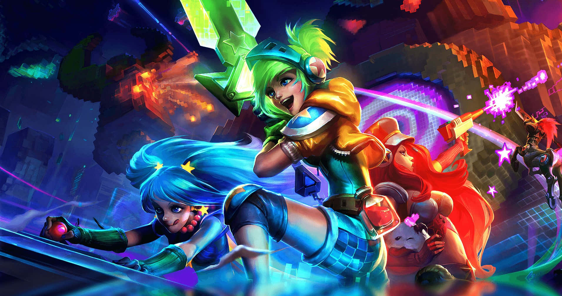 LOL 1920 X 1080 Gaming, anime-style warriors, neon-lit digital arena, HD Desktop Wallpaper