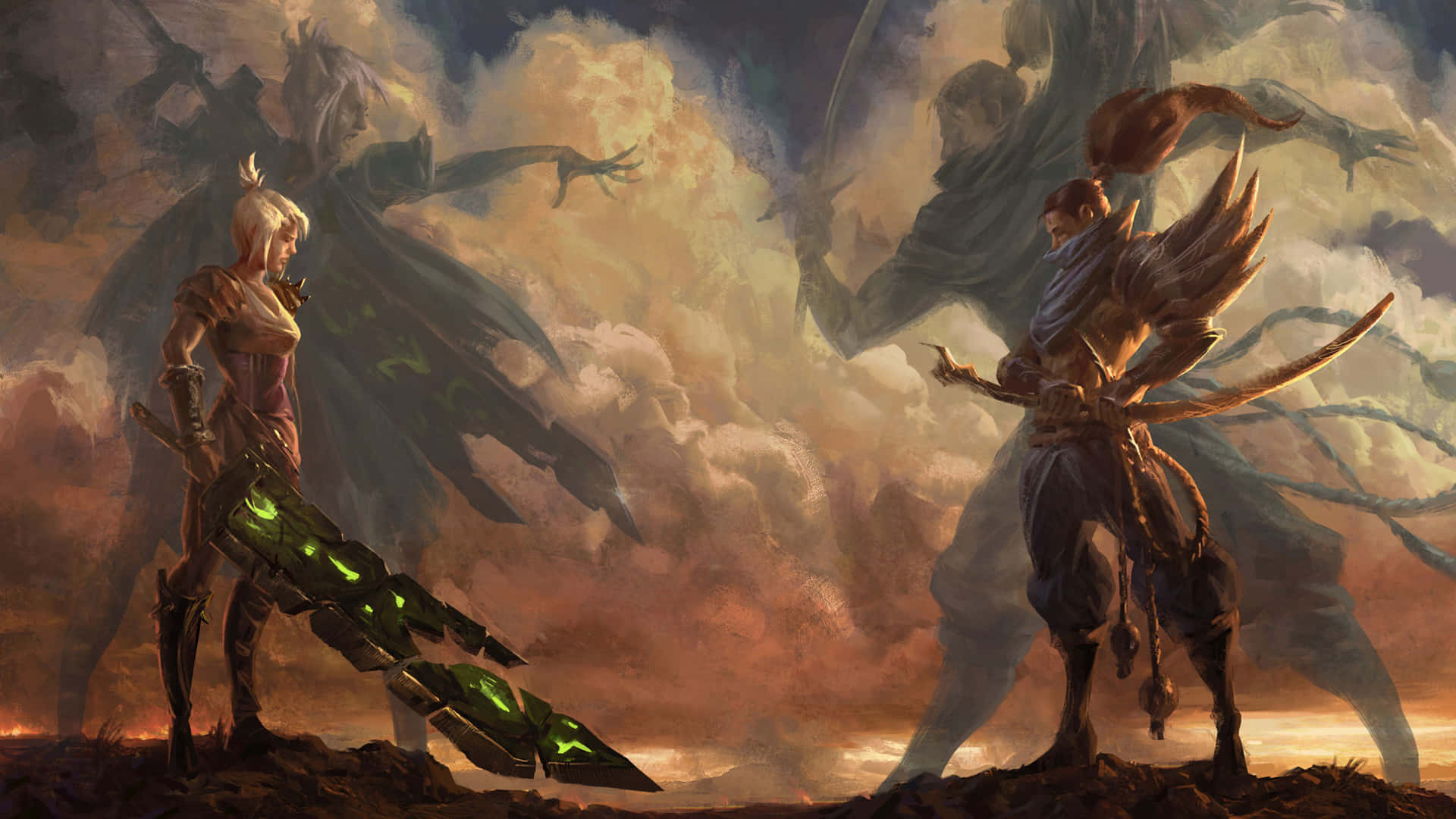 LOL 1920 X 1080 Gaming, armored warriors, shadowy winged foes, Full HD Desktop Wallpaper