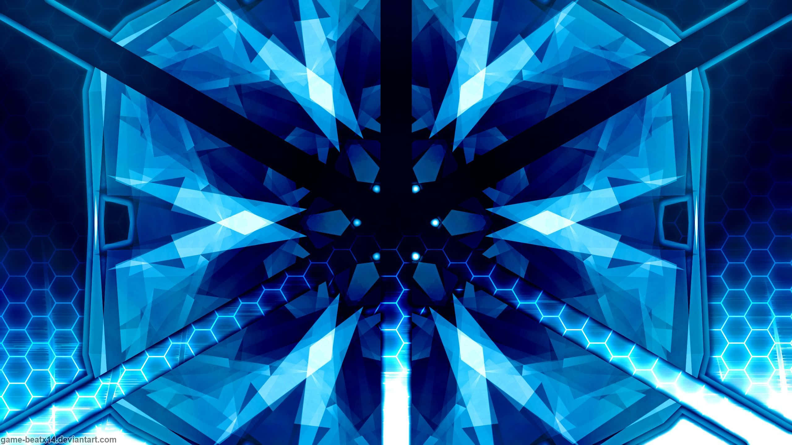 blue abstract design, futuristic blue geometric tunnel, glowing hexagonal patterns, 2K Desktop Wallpaper
