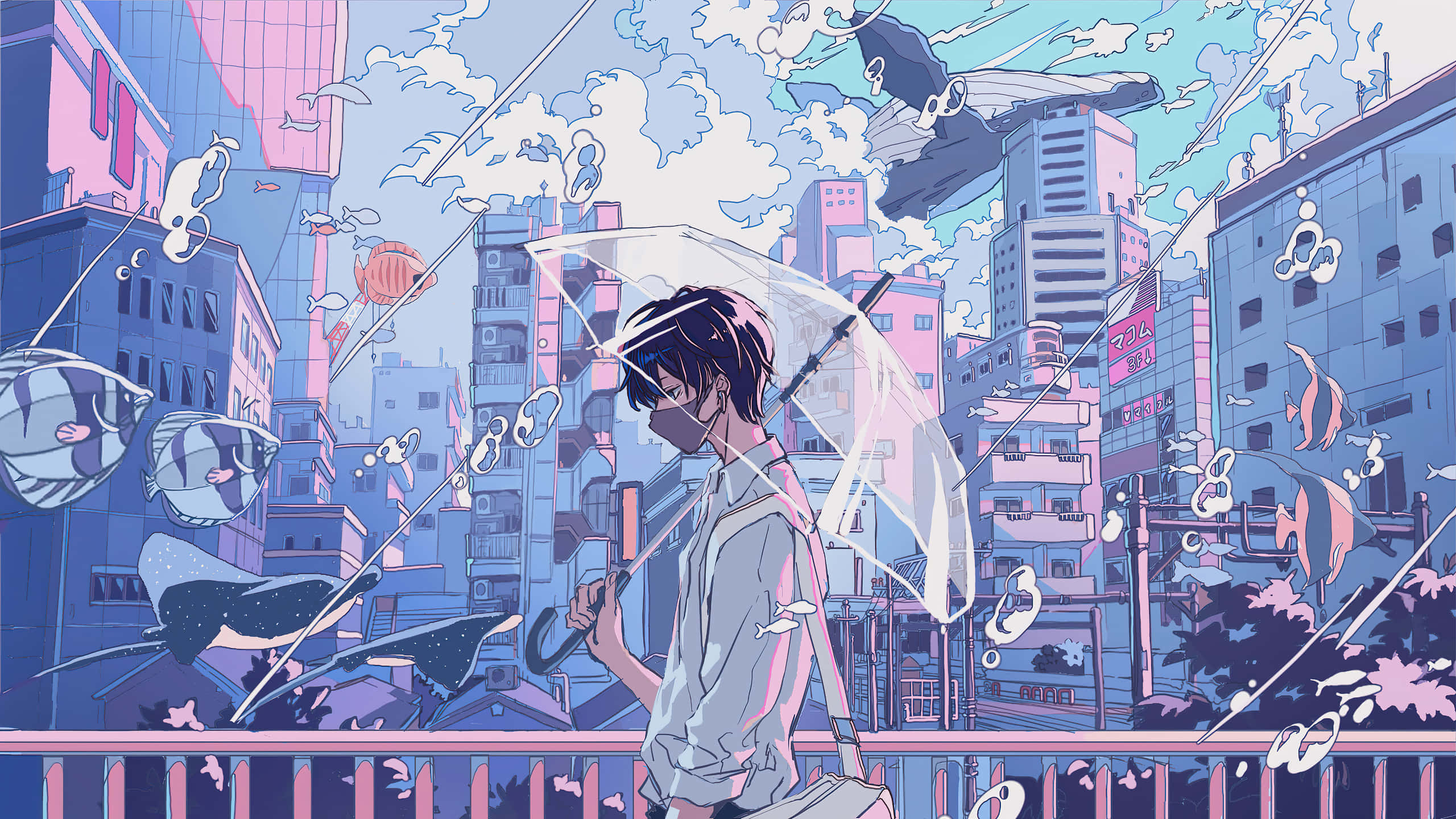 Anime Urban Fantasy2560x1440, clear umbrella, fish, 2K Desktop Wallpaper