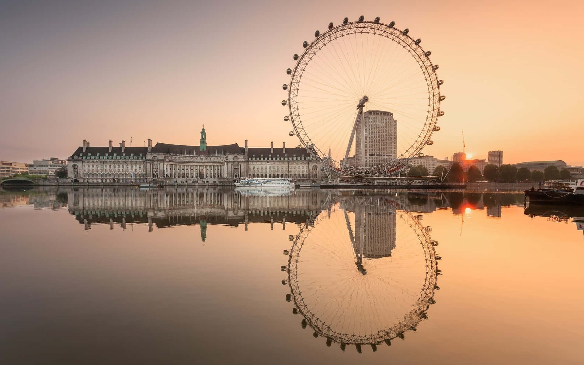 London Eye, sunset, calm river water, Full HD Desktop Wallpaper