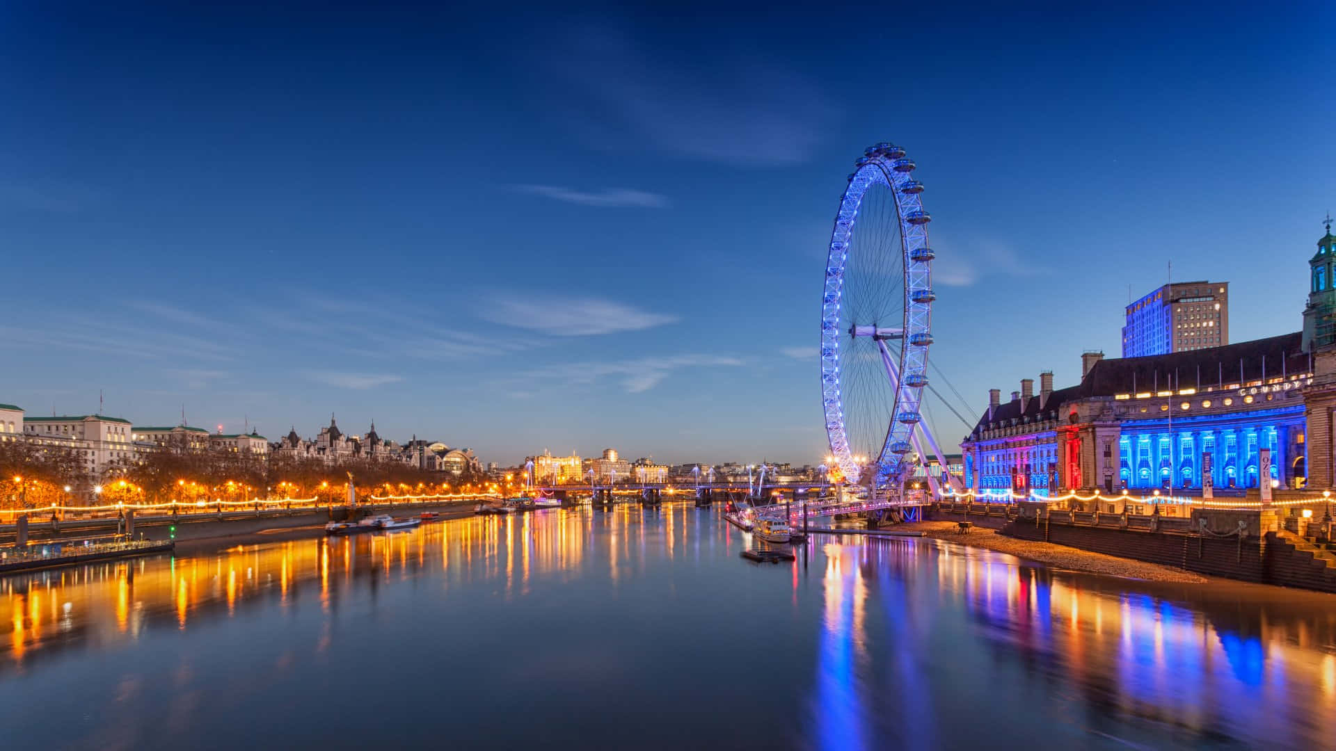 London Eye, twilight sky, calm Thames river, Full HD Desktop Wallpaper