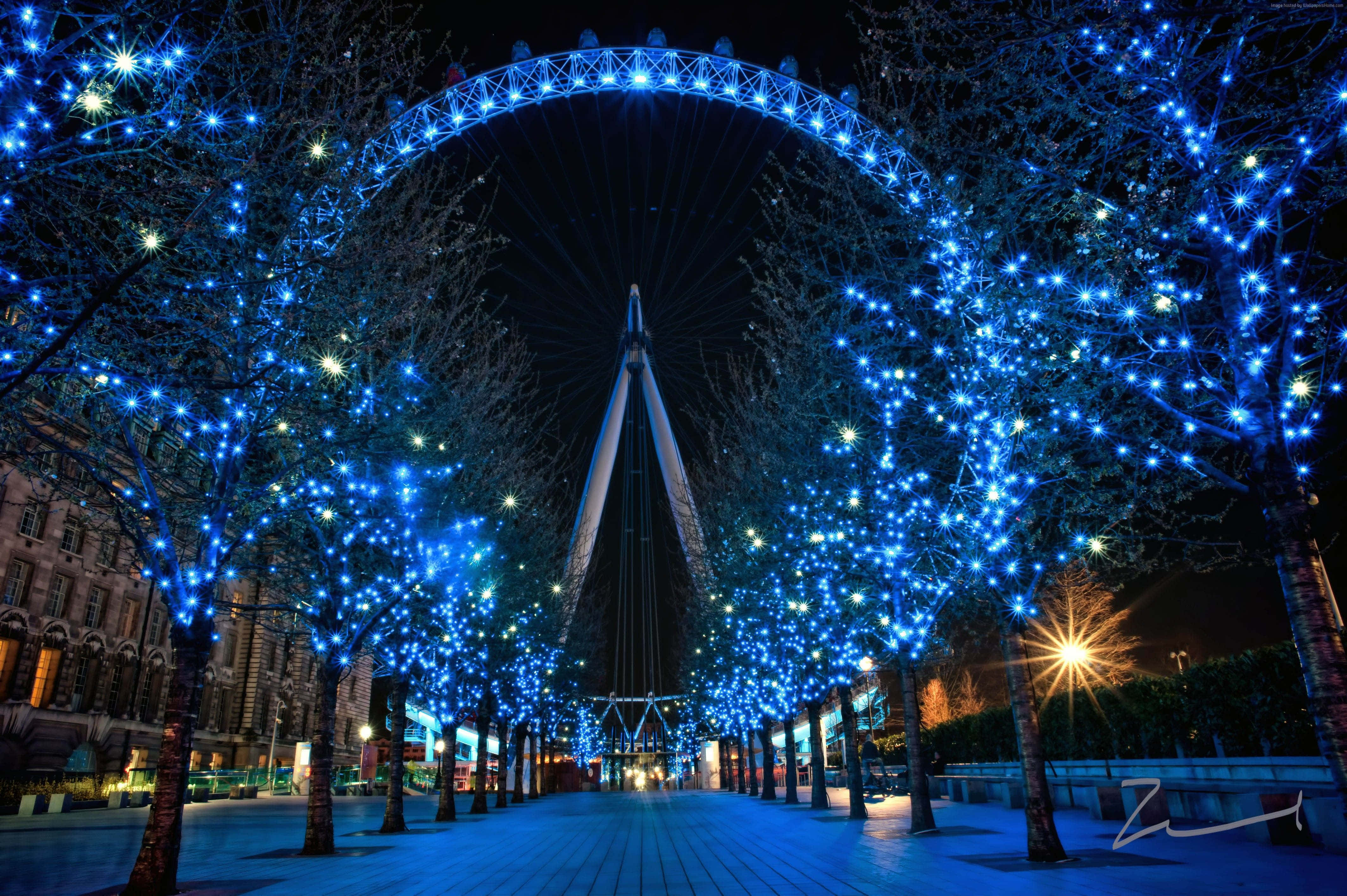 London Eye, blue lights, Christmas season, 4K Desktop Wallpaper