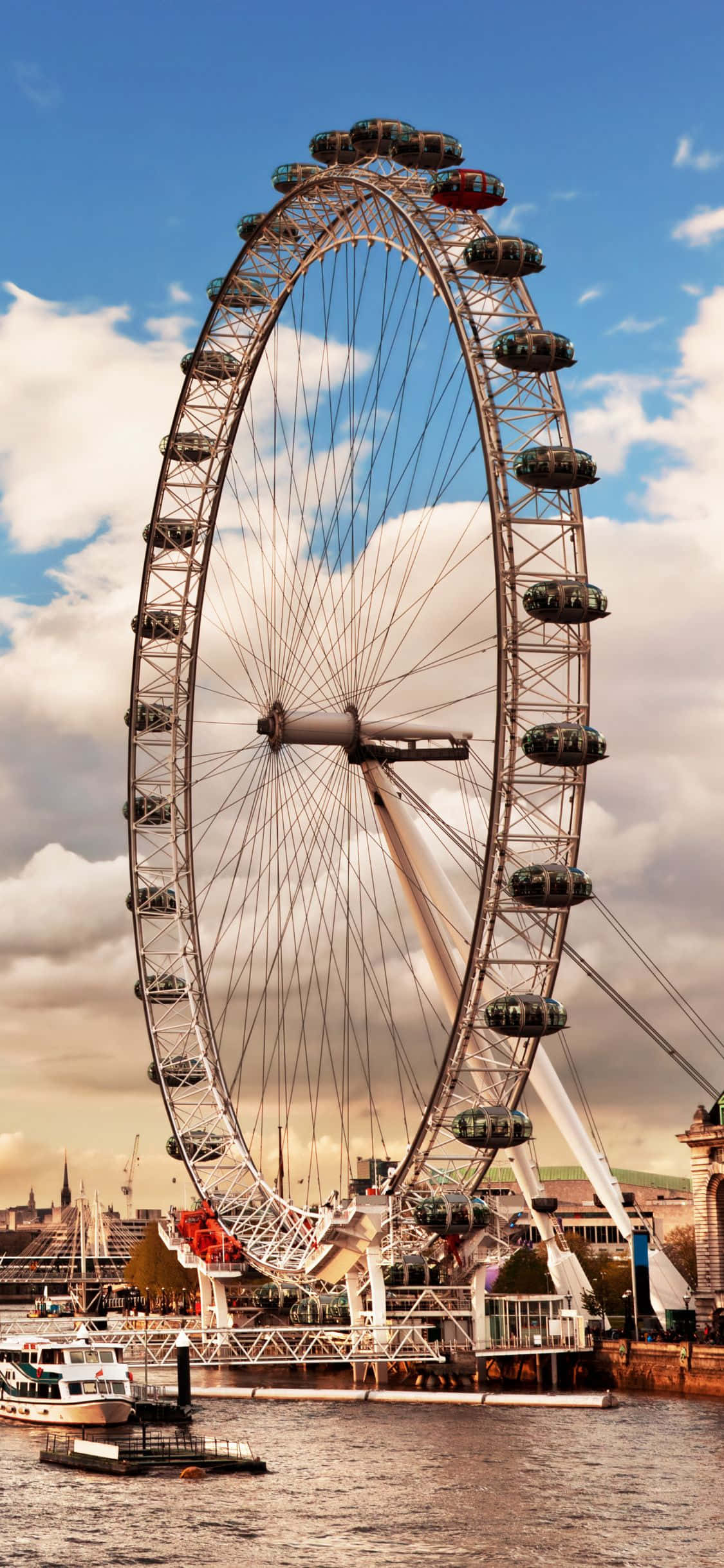 London Eye, partly cloudy sky, boats, Full HD Phone Wallpaper