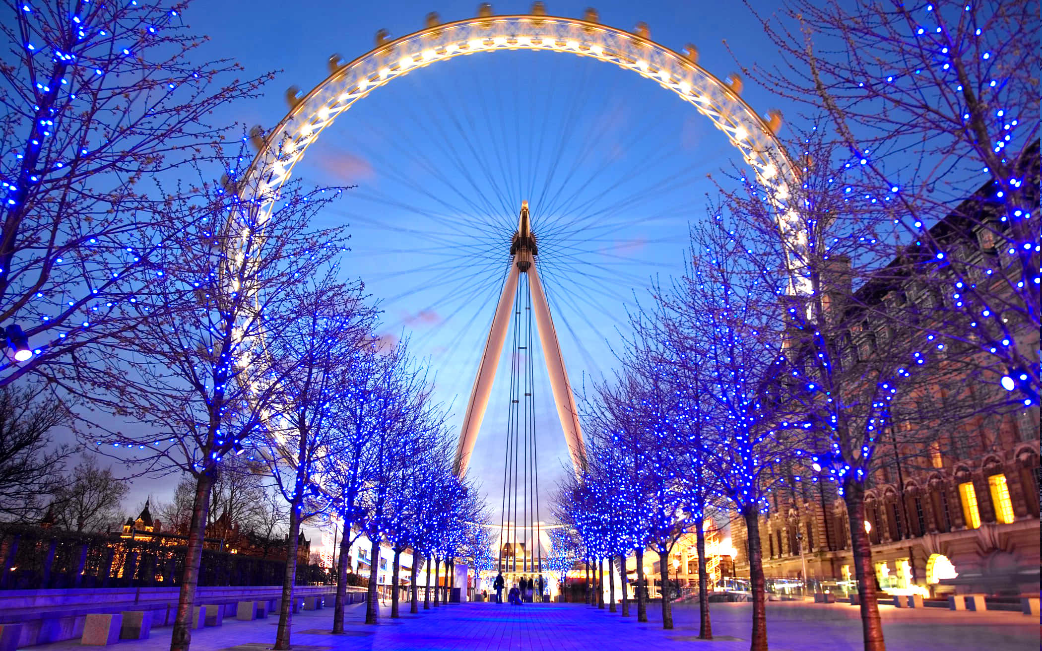 London Eye, twilight sky, blue-lit bare trees, Full HD Desktop Wallpaper