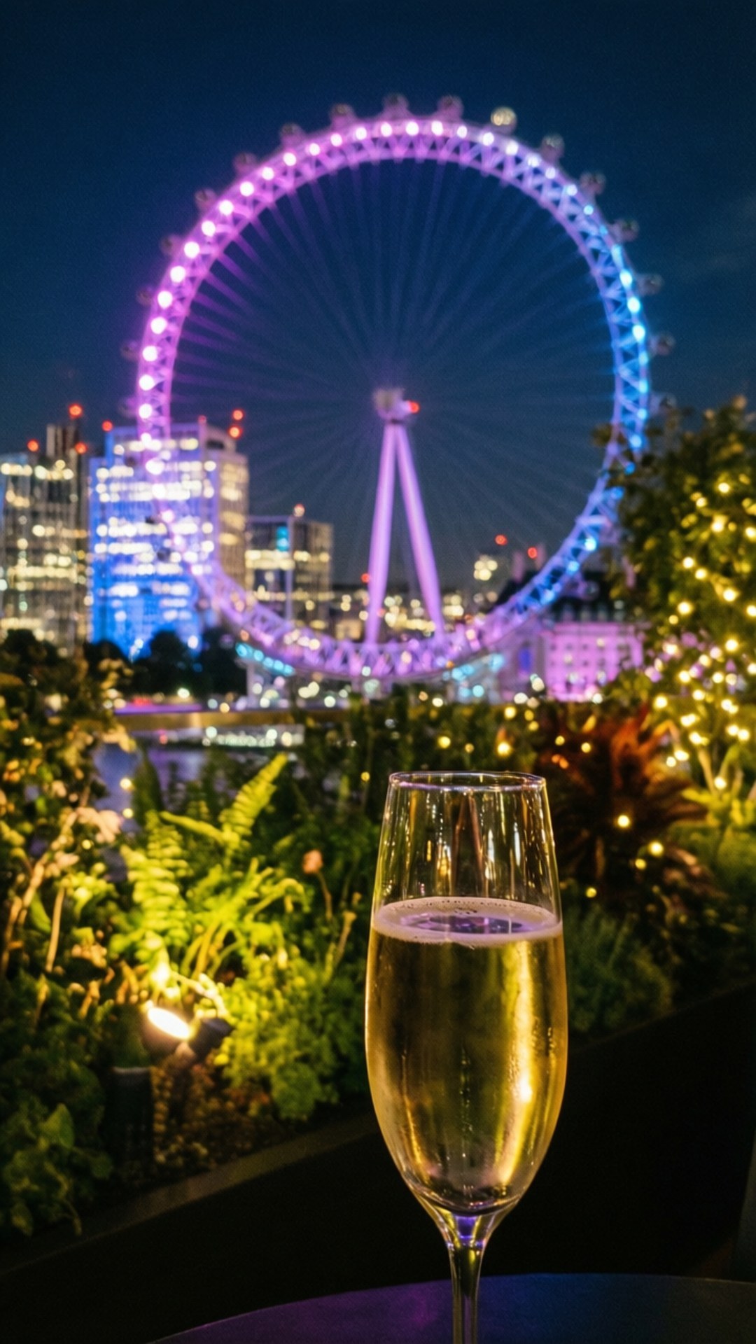 London Eye, champagne flute, lush greenery, Full HD Phone Wallpaper