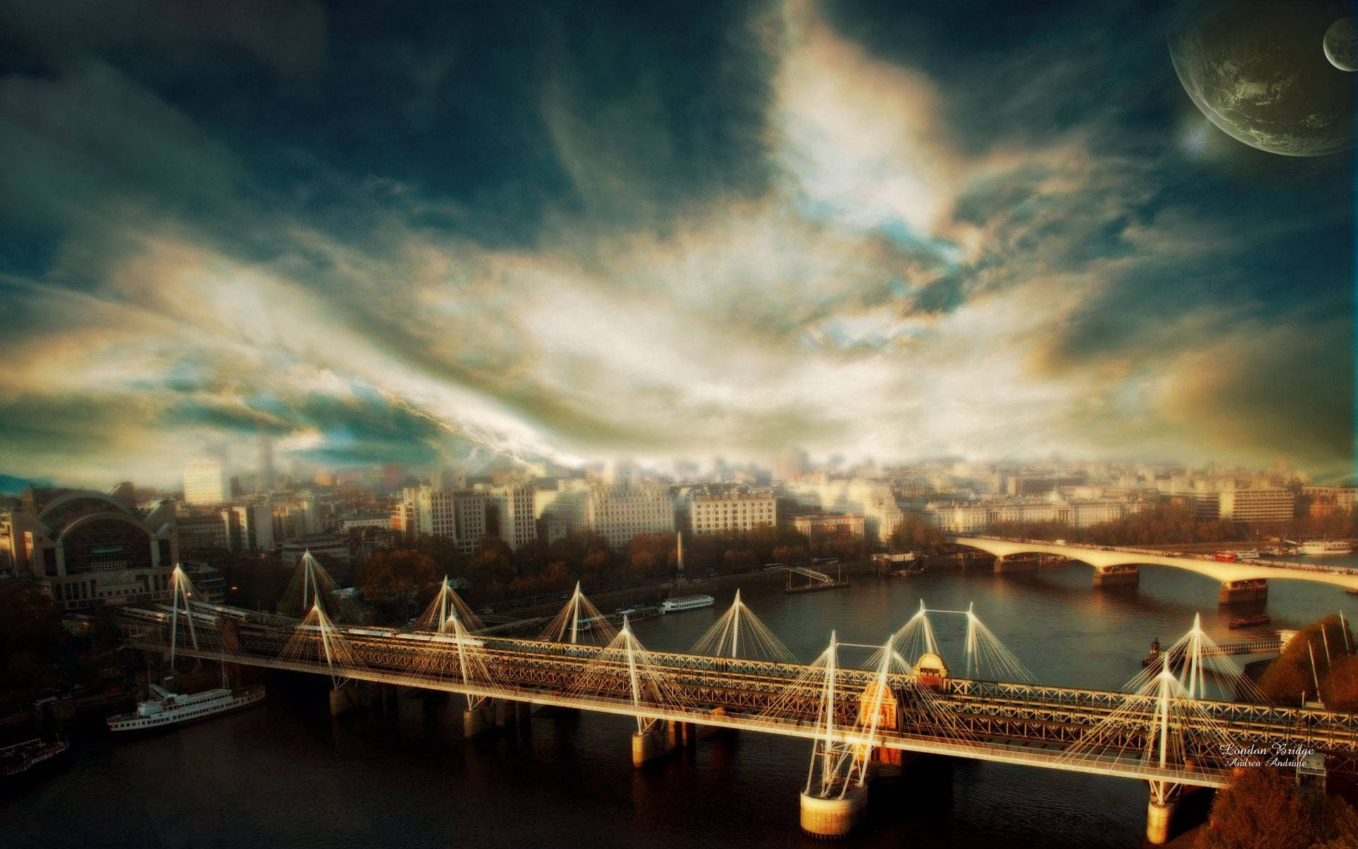 London, glowing suspension bridge, dusk, Full HD Desktop Wallpaper