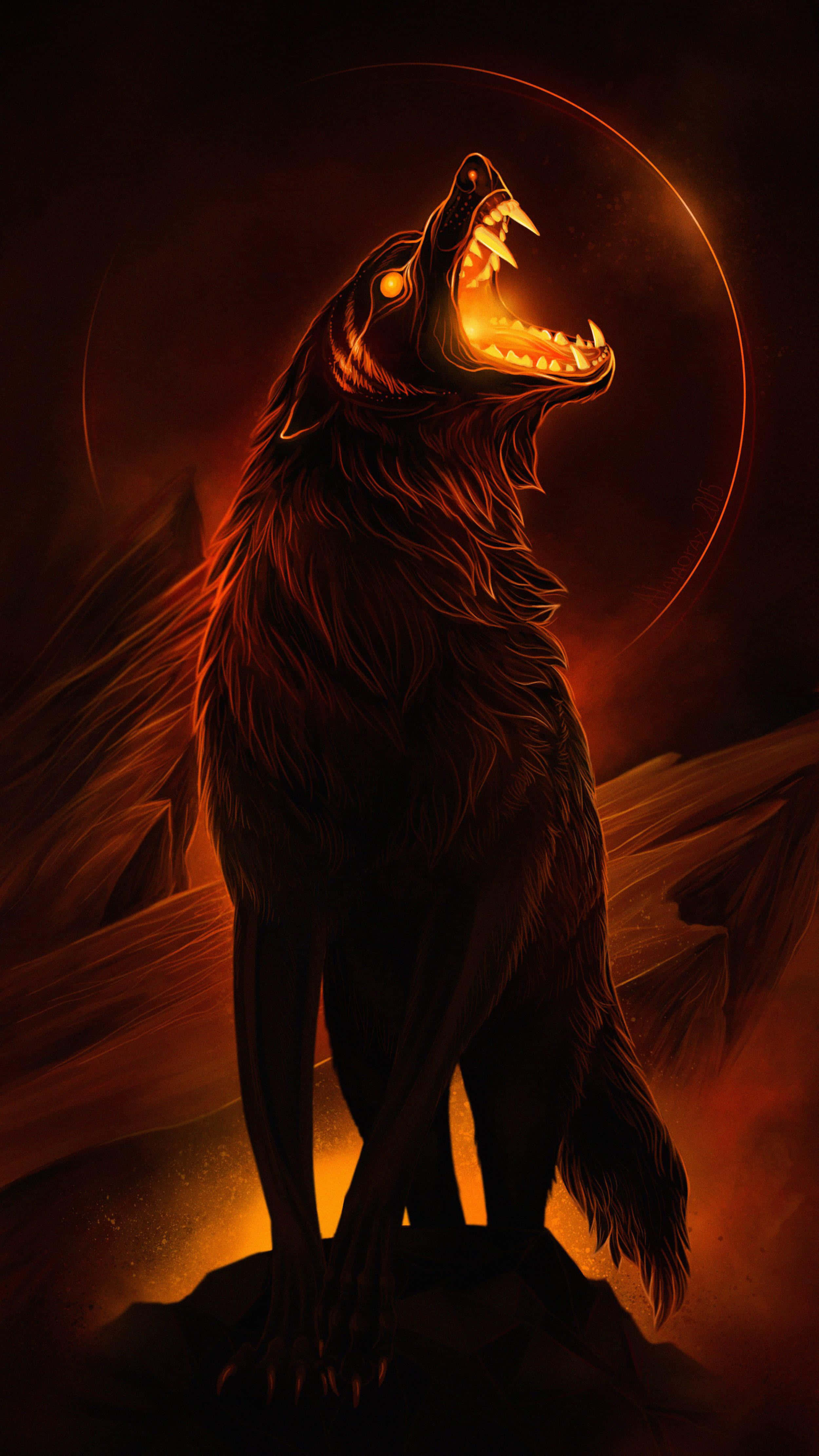 Lone Wolf, glowing orange crescent moon, dark, fiery landscape, 4K Phone Wallpaper