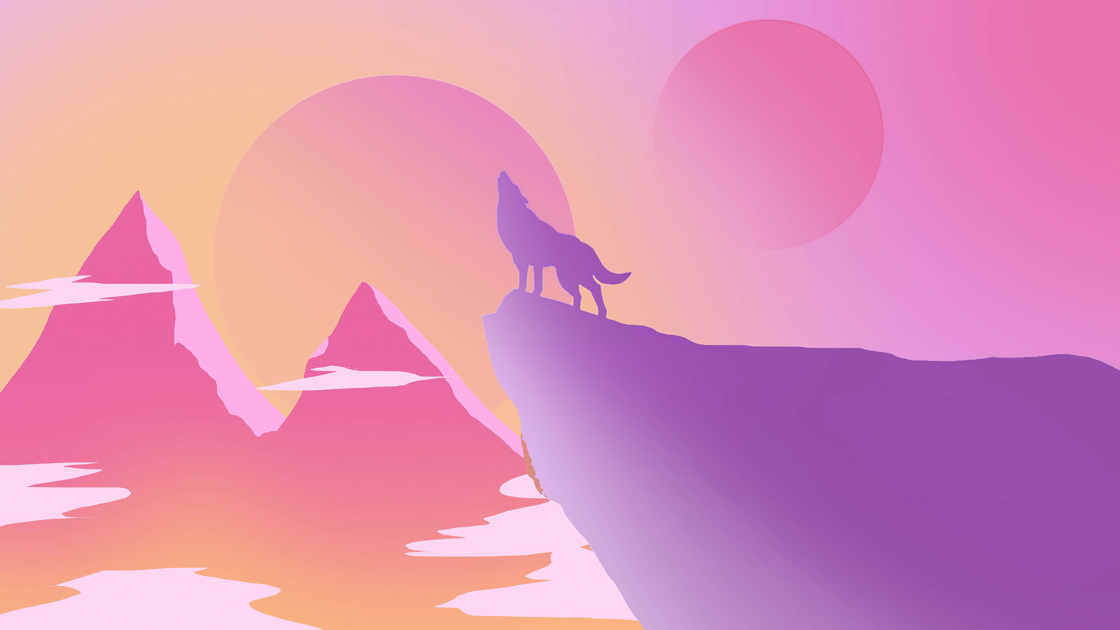 Lone Wolf, surreal pink and purple sunset, stylized mountains, 4K Desktop Wallpaper