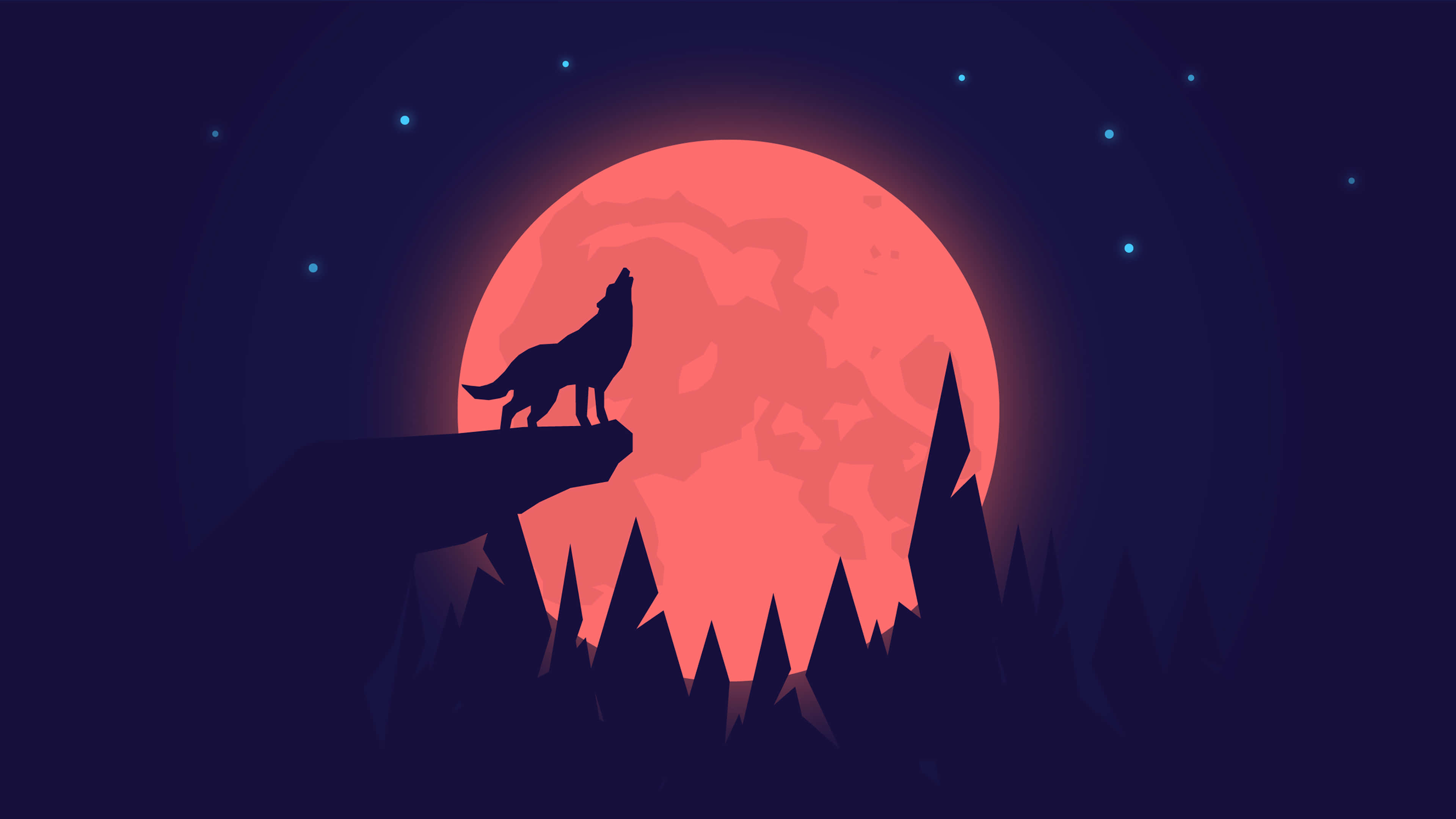 Lone Wolf, glowing red moon, starry night sky, 4K Desktop Wallpaper