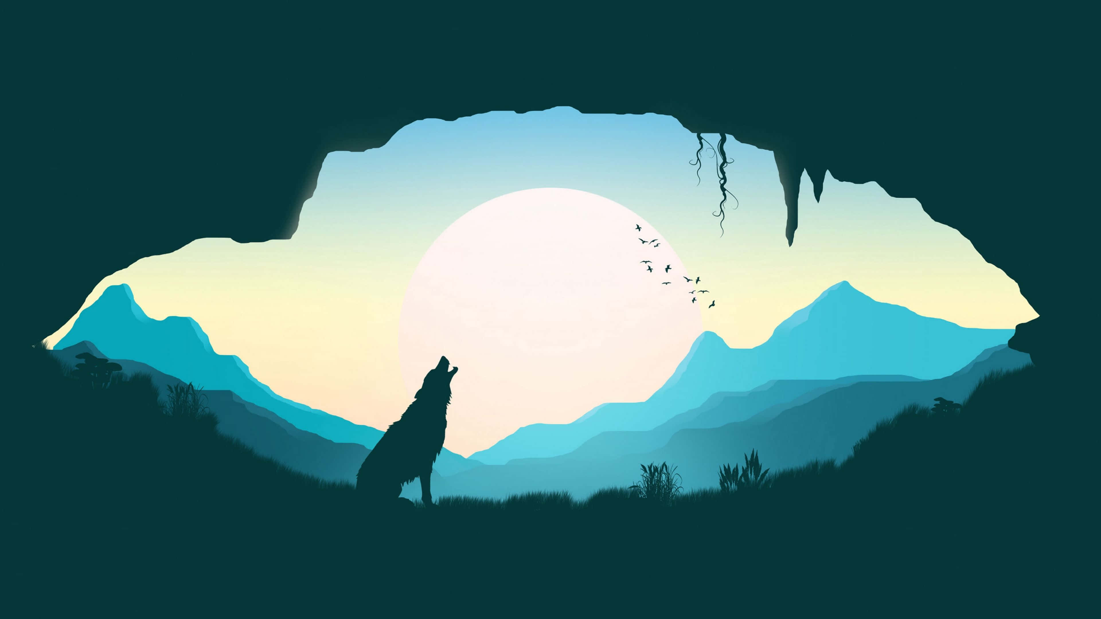Lone Wolf, glowing moon, cave opening, 4K Desktop Wallpaper